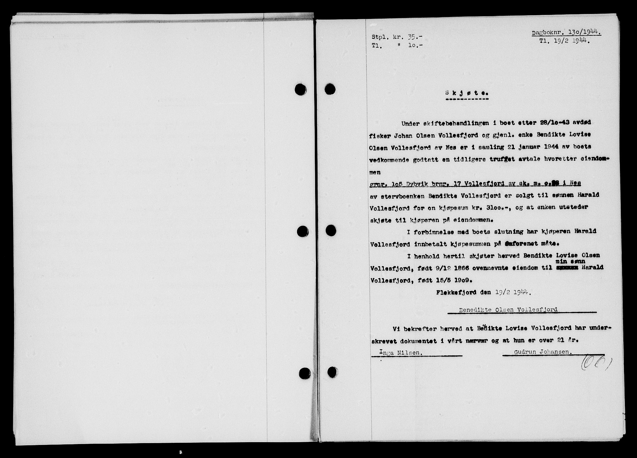 Flekkefjord sorenskriveri, SAK/1221-0001/G/Gb/Gba/L0059: Mortgage book no. A-7, 1944-1945, Diary no: : 130/1944