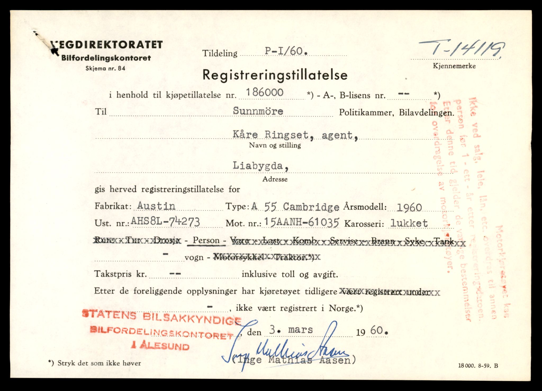 Møre og Romsdal vegkontor - Ålesund trafikkstasjon, AV/SAT-A-4099/F/Fe/L0043: Registreringskort for kjøretøy T 14080 - T 14204, 1927-1998, p. 1085