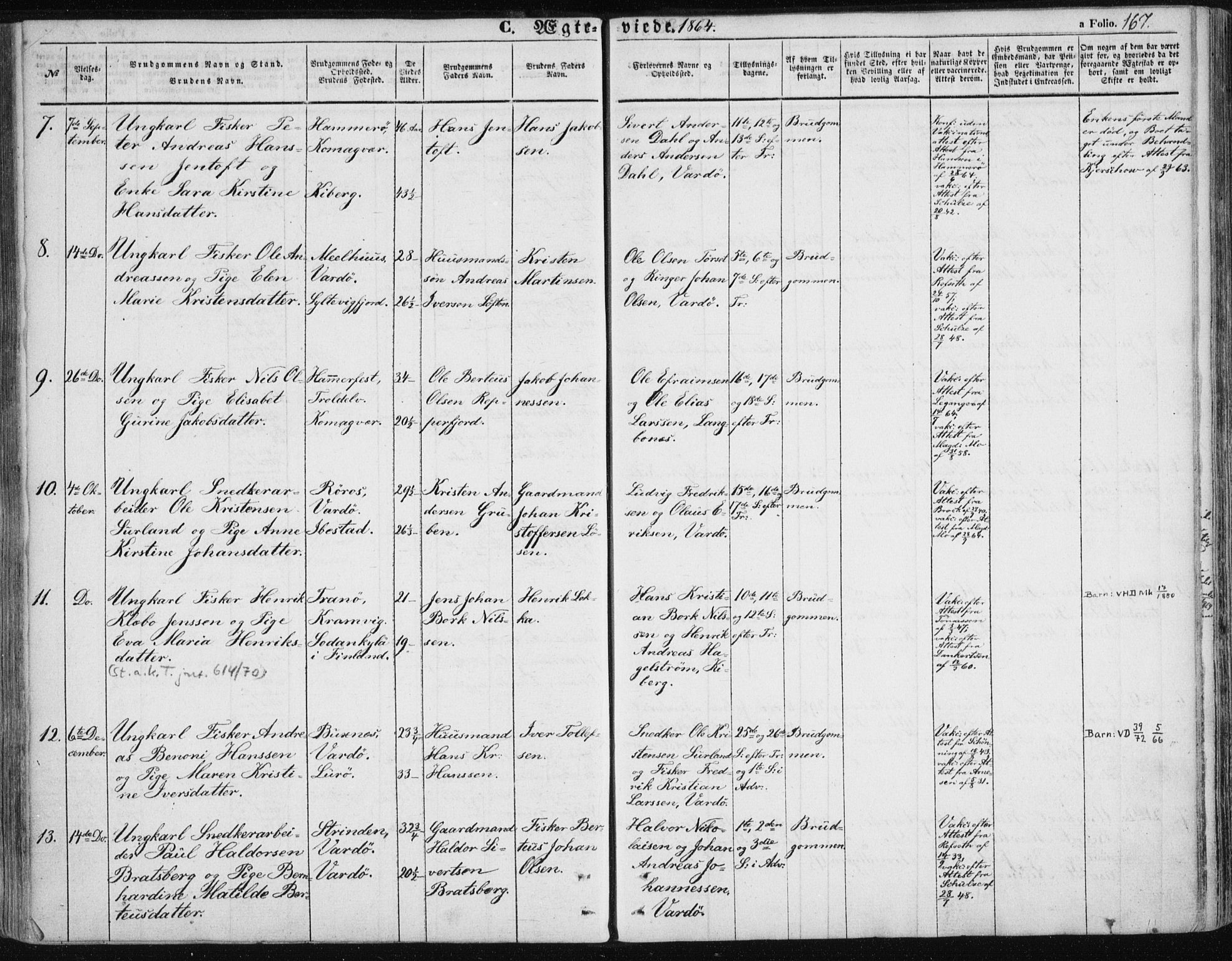Vardø sokneprestkontor, SATØ/S-1332/H/Ha/L0004kirke: Parish register (official) no. 4, 1862-1871, p. 167