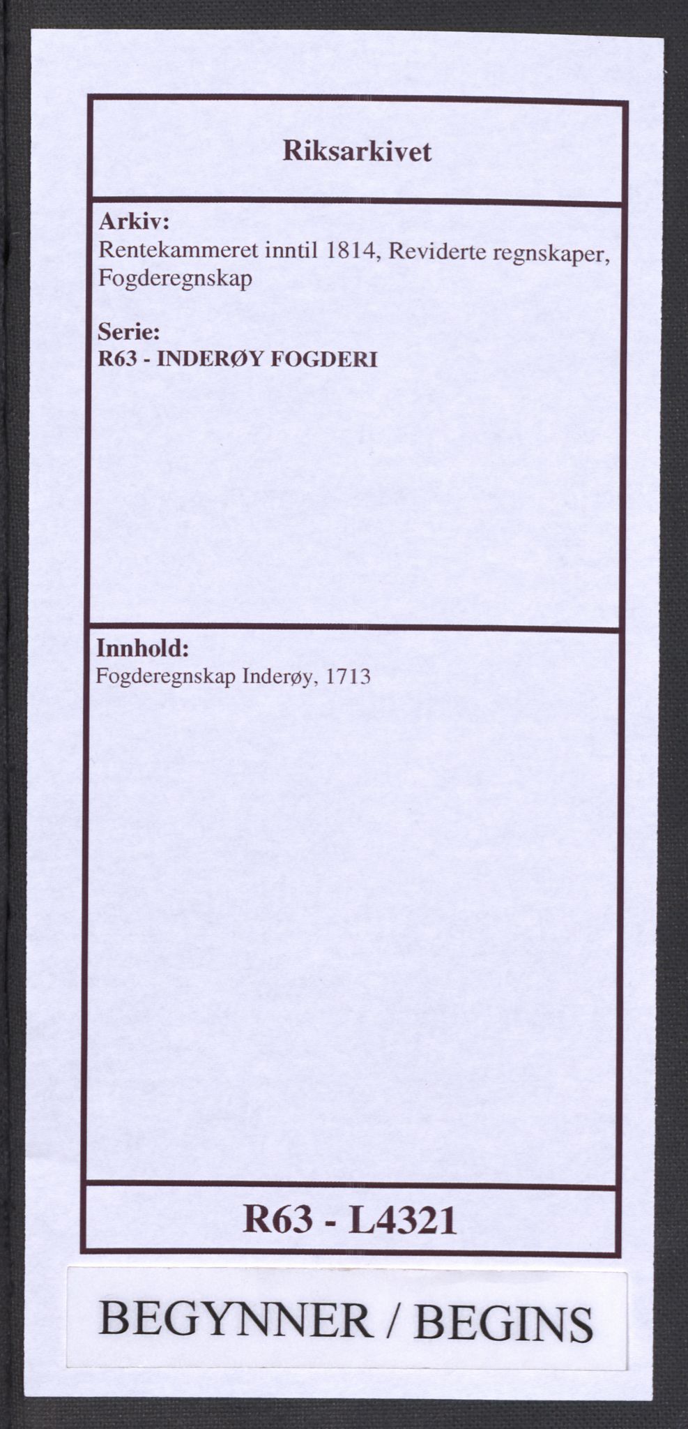 Rentekammeret inntil 1814, Reviderte regnskaper, Fogderegnskap, AV/RA-EA-4092/R63/L4321: Fogderegnskap Inderøy, 1713, p. 1