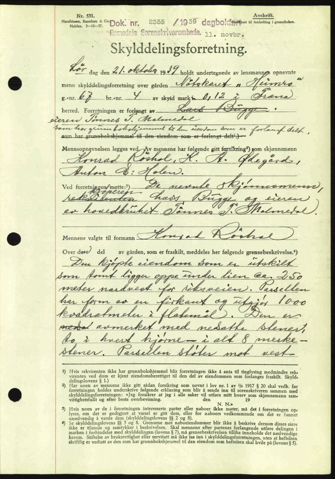 Romsdal sorenskriveri, AV/SAT-A-4149/1/2/2C: Mortgage book no. A7, 1939-1939, Diary no: : 2355/1939