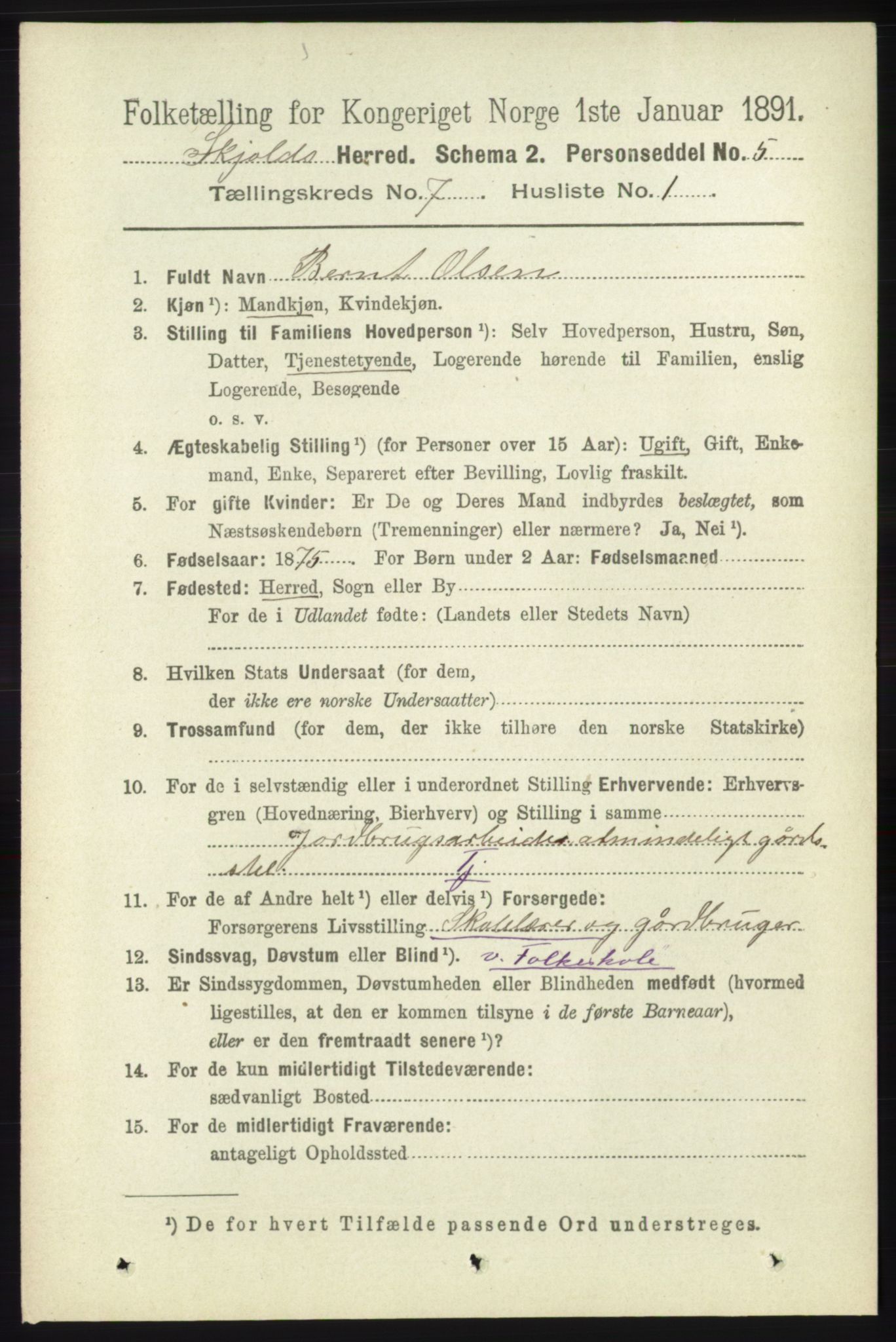 RA, 1891 census for 1154 Skjold, 1891, p. 1353