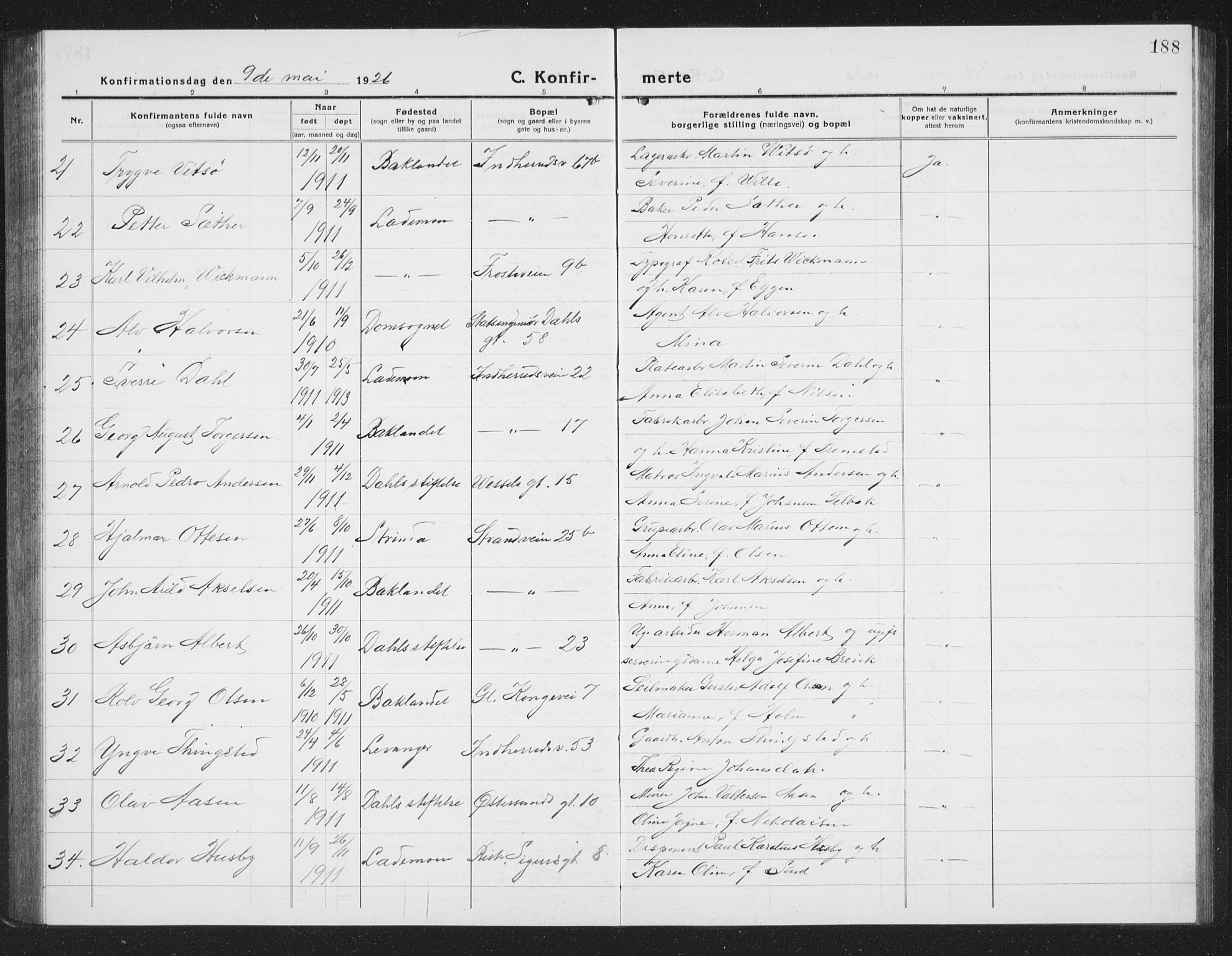 Ministerialprotokoller, klokkerbøker og fødselsregistre - Sør-Trøndelag, AV/SAT-A-1456/605/L0258: Parish register (copy) no. 605C05, 1918-1930, p. 188