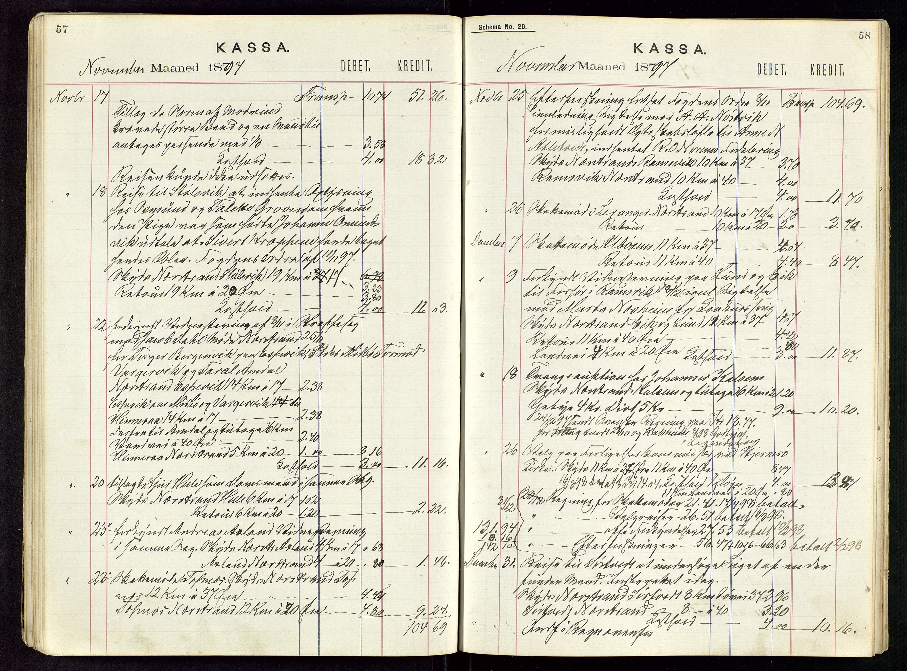 Nedstrand lensmannskontor, SAST/A-100236/Rf/L0001: Skyss- og kostgodtgjørelse reiser, 1891-1898, p. 57-58