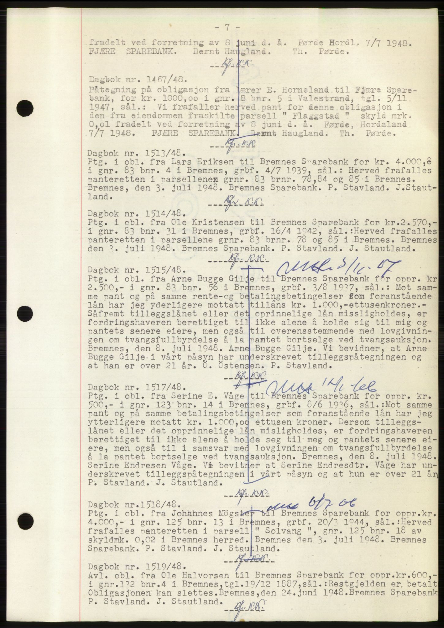 Sunnhordland sorenskrivar, AV/SAB-A-2401: Mortgage book no. B75-79, 1948-1950, Diary no: : 1467/1948