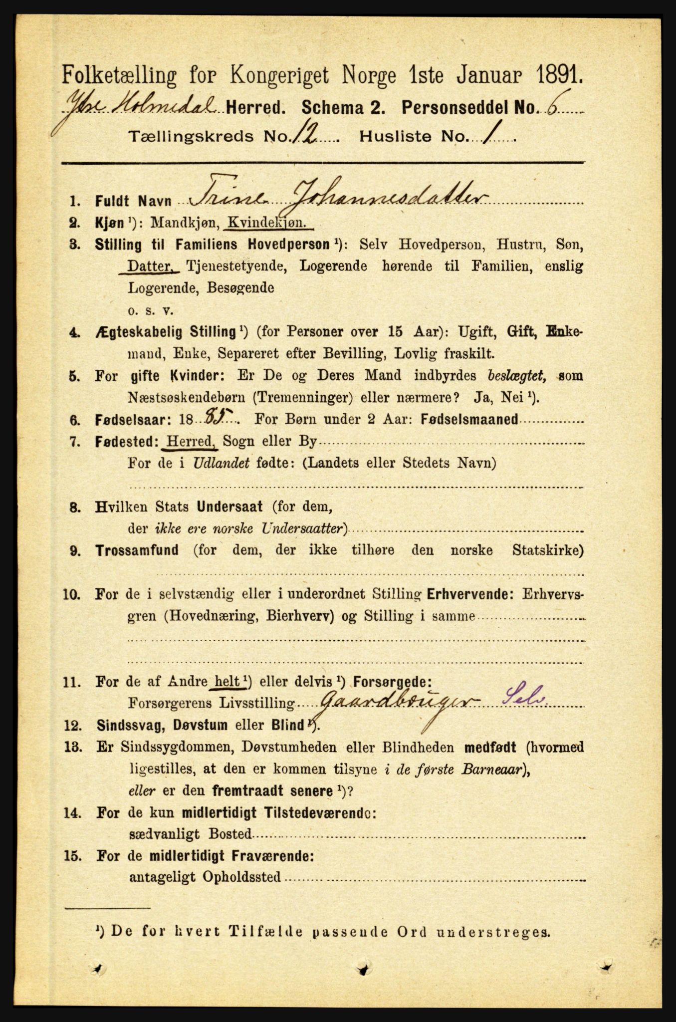 RA, 1891 census for 1429 Ytre Holmedal, 1891, p. 3183