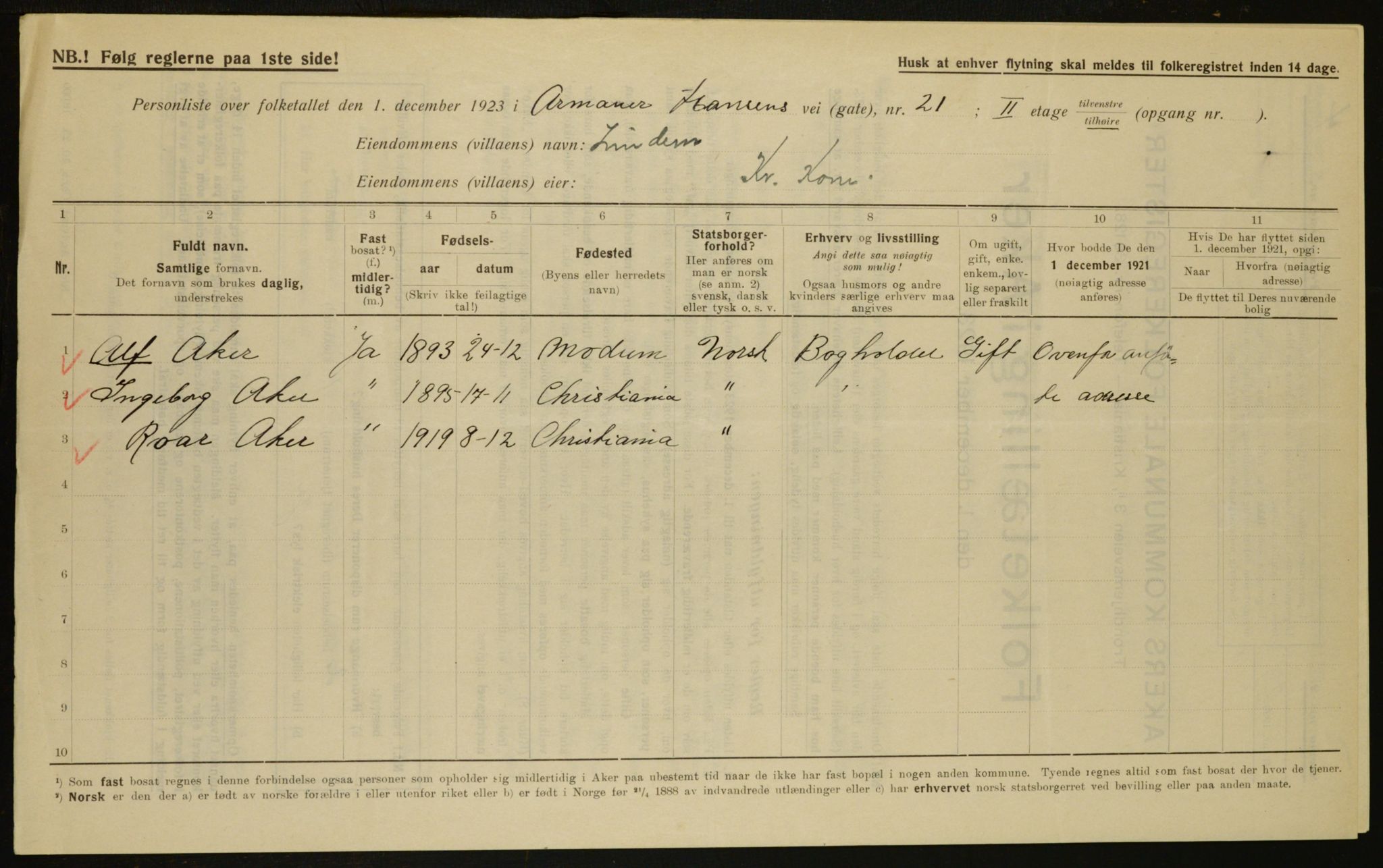 , Municipal Census 1923 for Aker, 1923, p. 7585