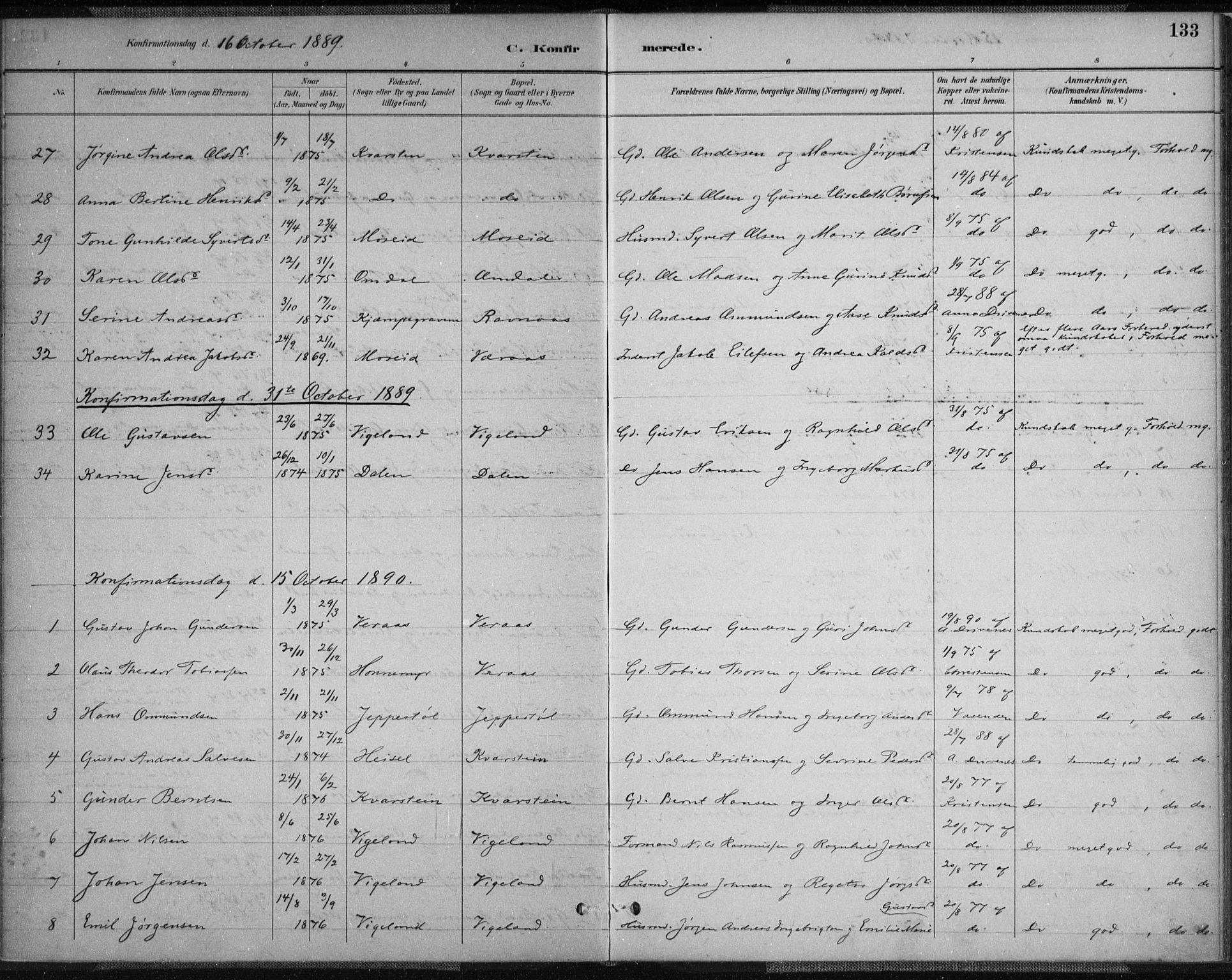 Vennesla sokneprestkontor, AV/SAK-1111-0045/Fa/Fab/L0004: Parish register (official) no. A 4, 1884-1896, p. 133