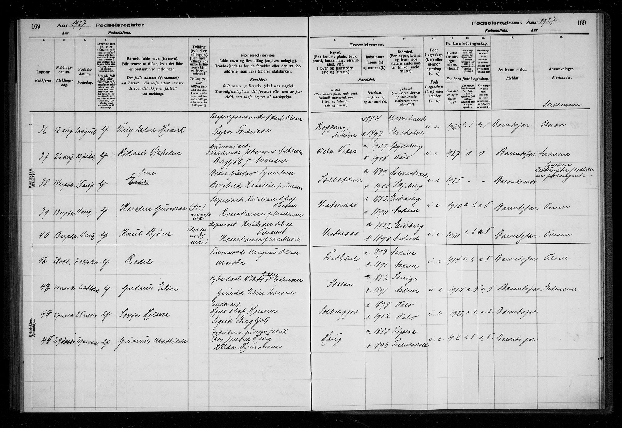 Askim prestekontor Kirkebøker, AV/SAO-A-10900/J/Ja/L0001: Birth register no. 1, 1916-1929, p. 169