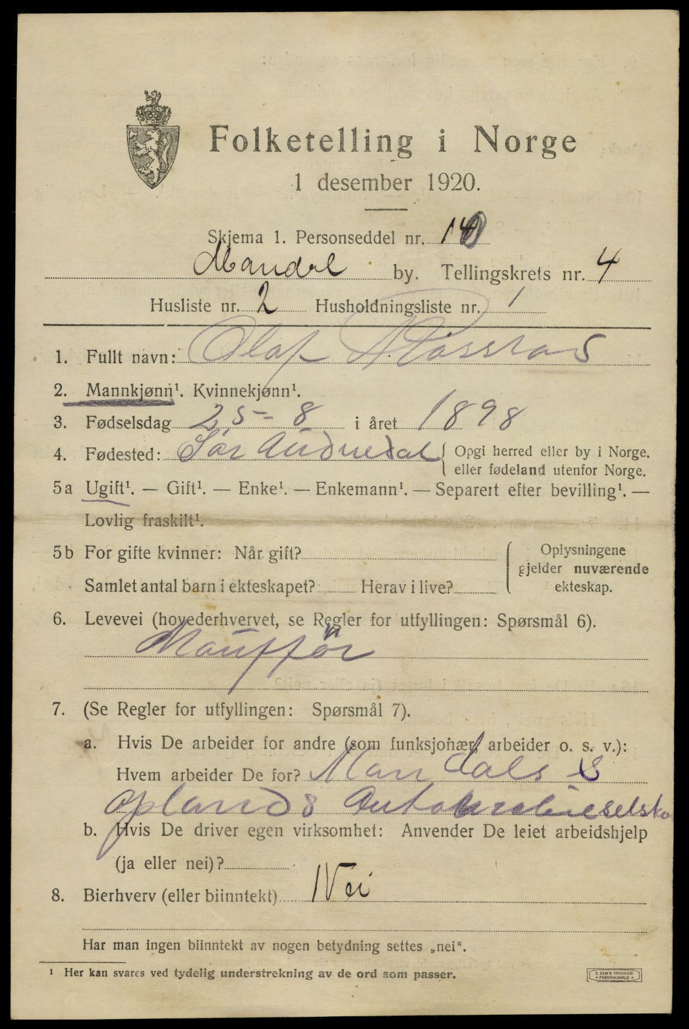 SAK, 1920 census for Mandal, 1920, p. 7043