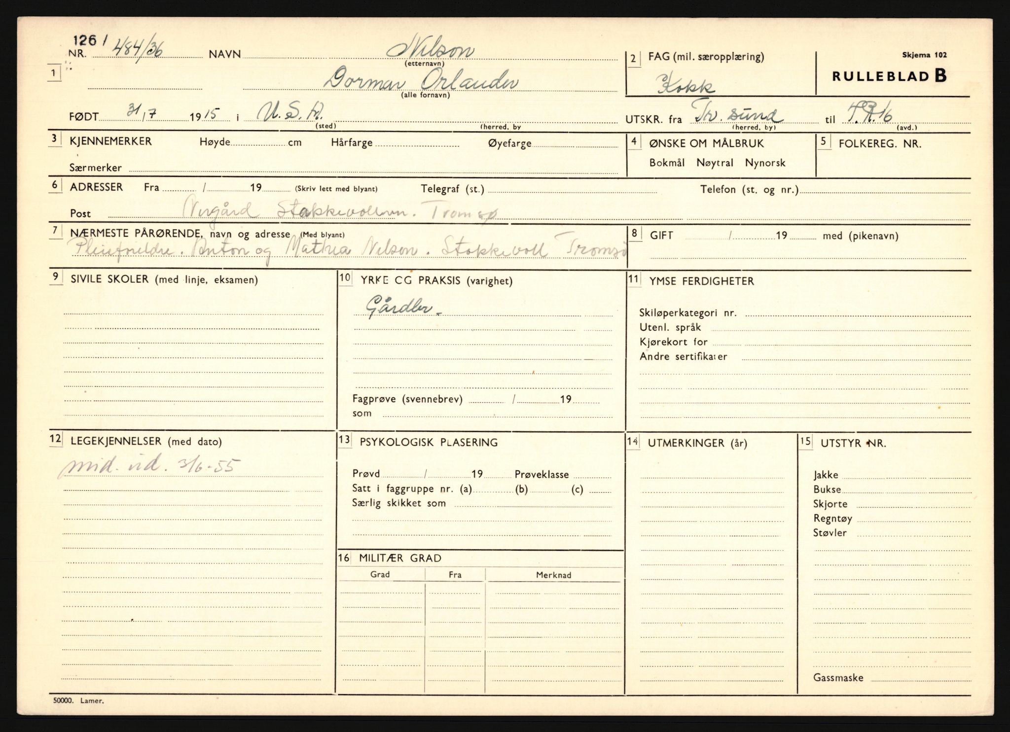 Forsvaret, Troms infanteriregiment nr. 16, AV/RA-RAFA-3146/P/Pa/L0020: Rulleblad for regimentets menige mannskaper, årsklasse 1936, 1936, p. 931