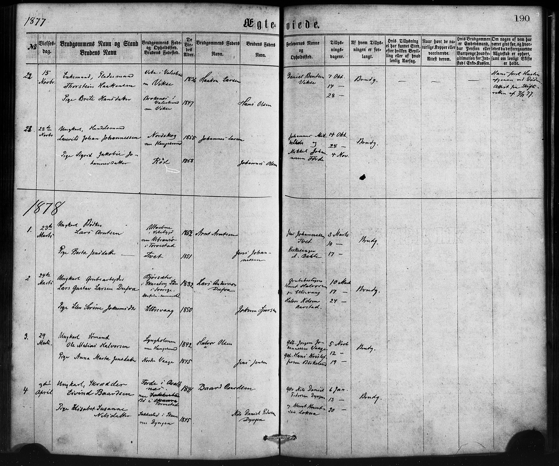 Sveio Sokneprestembete, SAB/A-78501/H/Haa: Parish register (official) no. B 1, 1870-1883, p. 190