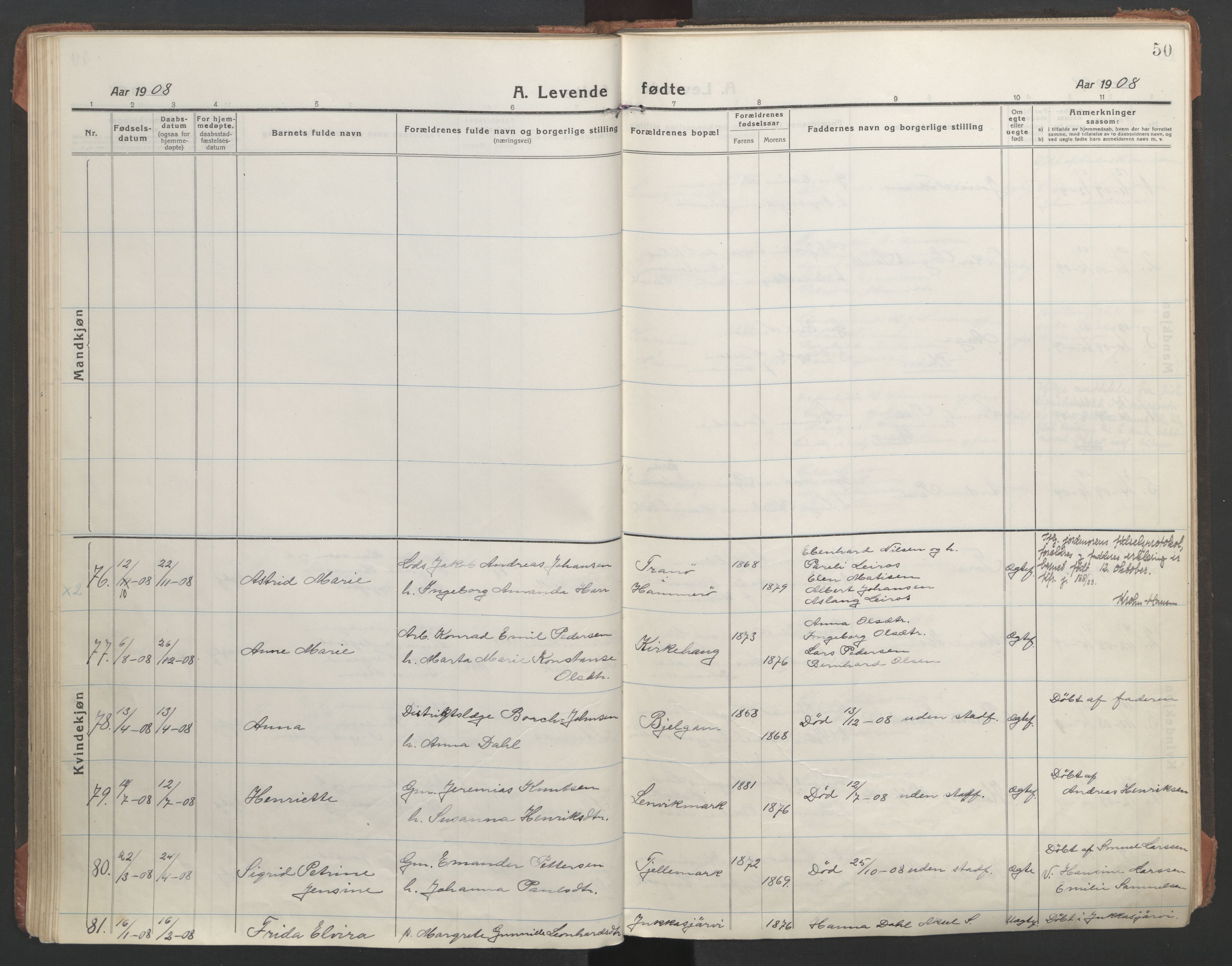 Ministerialprotokoller, klokkerbøker og fødselsregistre - Nordland, AV/SAT-A-1459/863/L0900: Parish register (official) no. 863A12, 1906-1915, p. 50