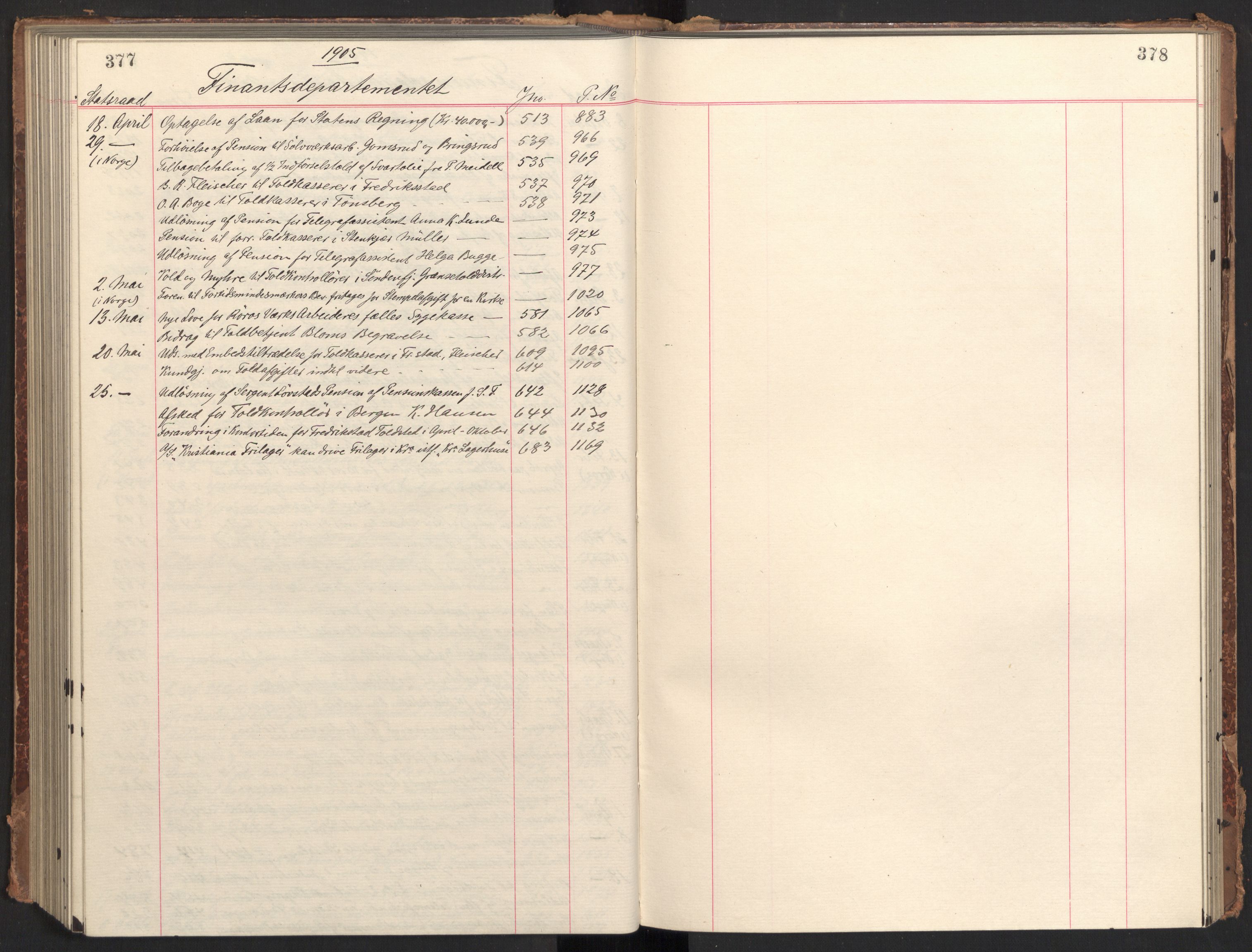 Statsrådsavdelingen i Stockholm, AV/RA-S-1003/C/Ca/L0020: Det norske Statsraads Journal- og Hovedprotokollregister, 1901-1905, p. 377-378