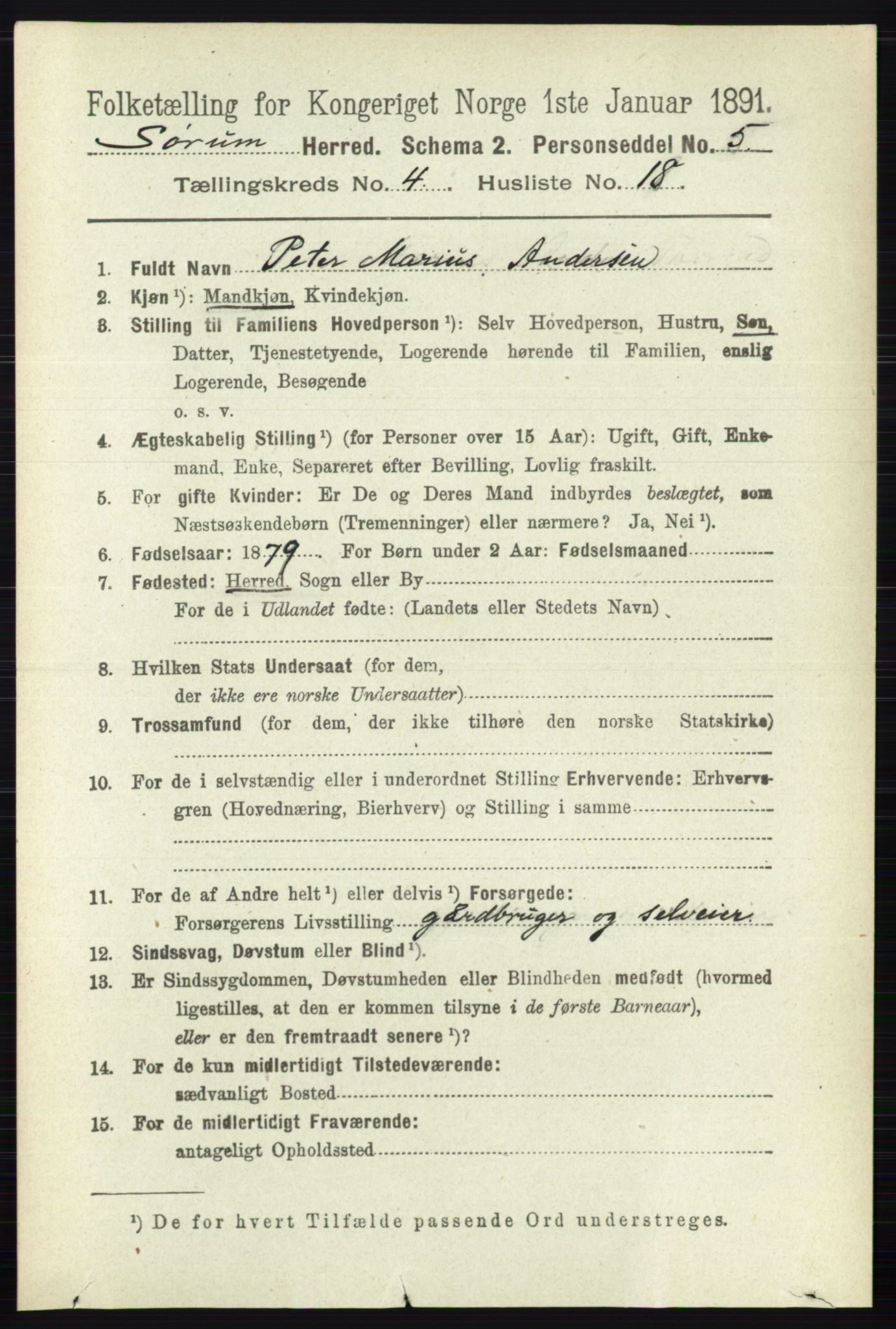 RA, 1891 census for 0226 Sørum, 1891, p. 1992