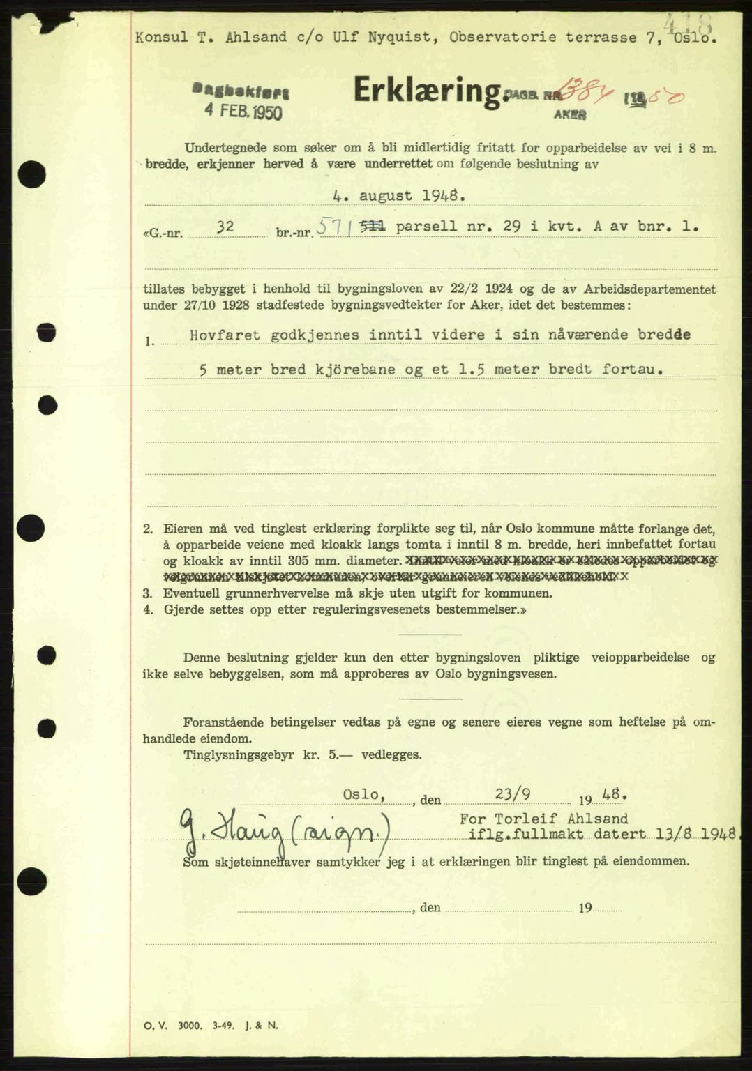 Oslo byskriverembete, AV/SAO-A-10227/G/Gb/Gbd/Gbda/L0017: Mortgage book no. A215, 1949-1950, Diary no: : 1384/1950