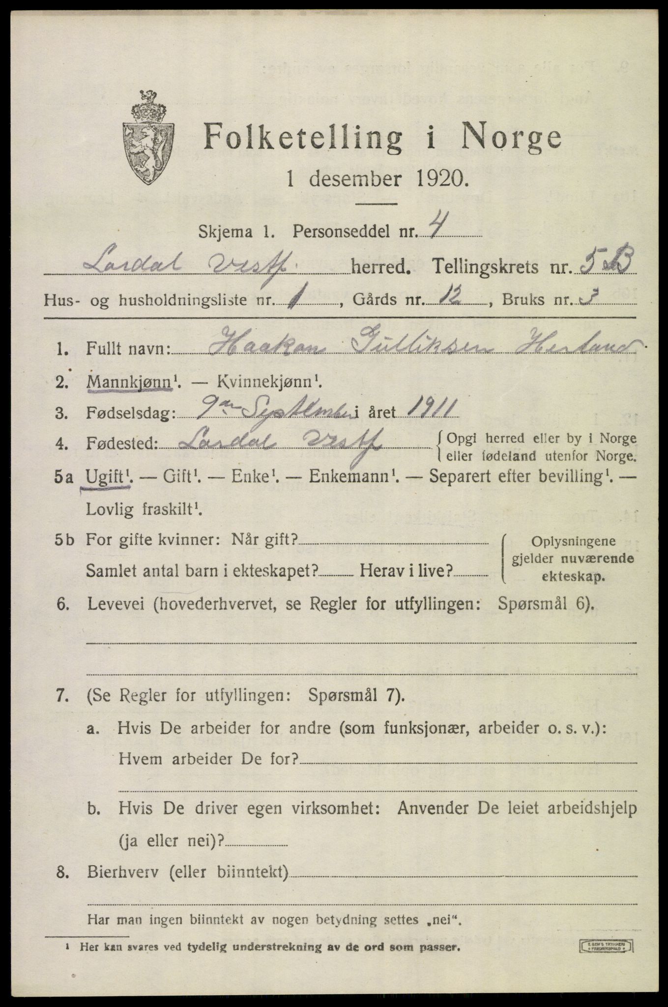 SAKO, 1920 census for Lardal, 1920, p. 5235