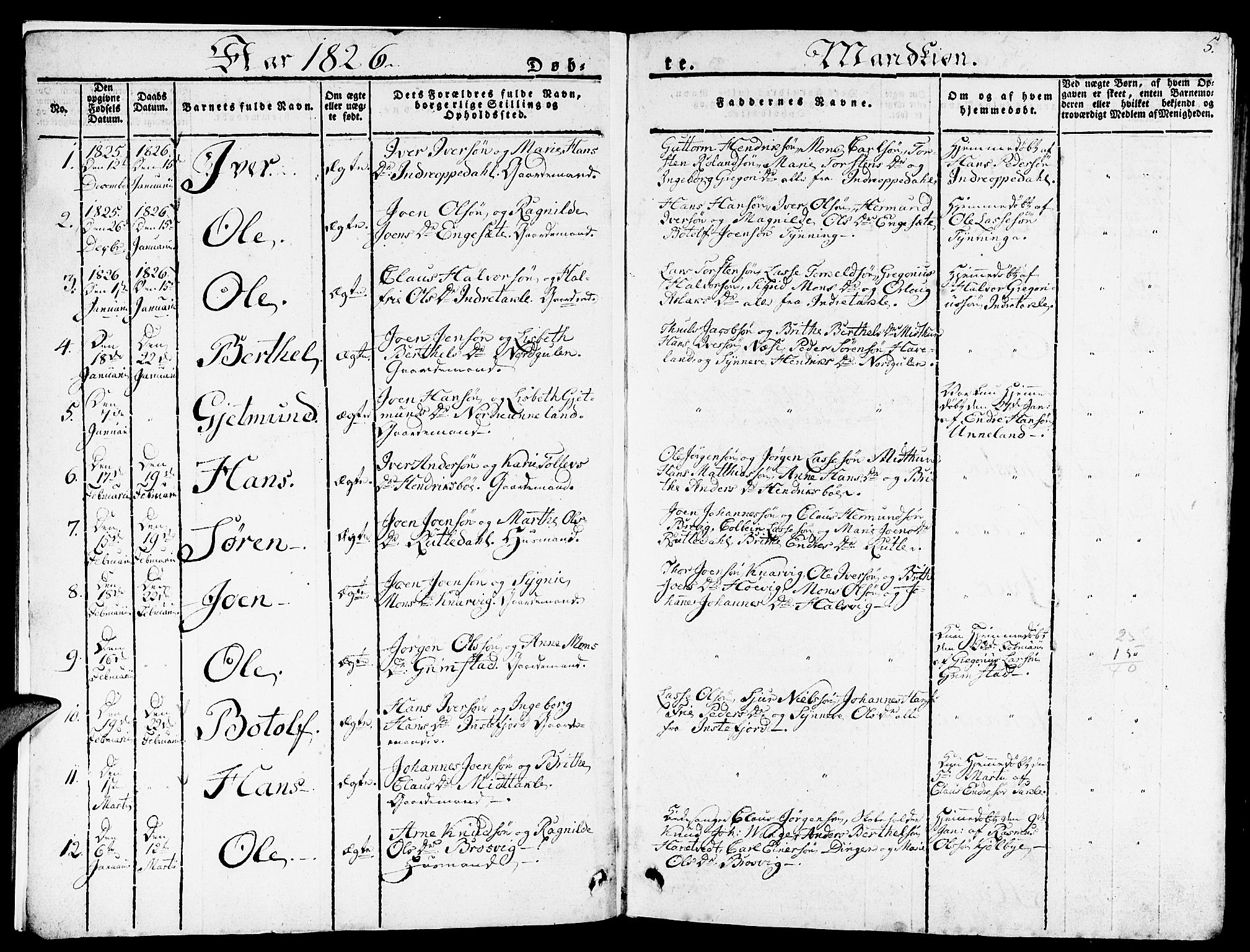 Gulen sokneprestembete, SAB/A-80201/H/Haa/Haaa/L0019: Parish register (official) no. A 19, 1826-1836, p. 5