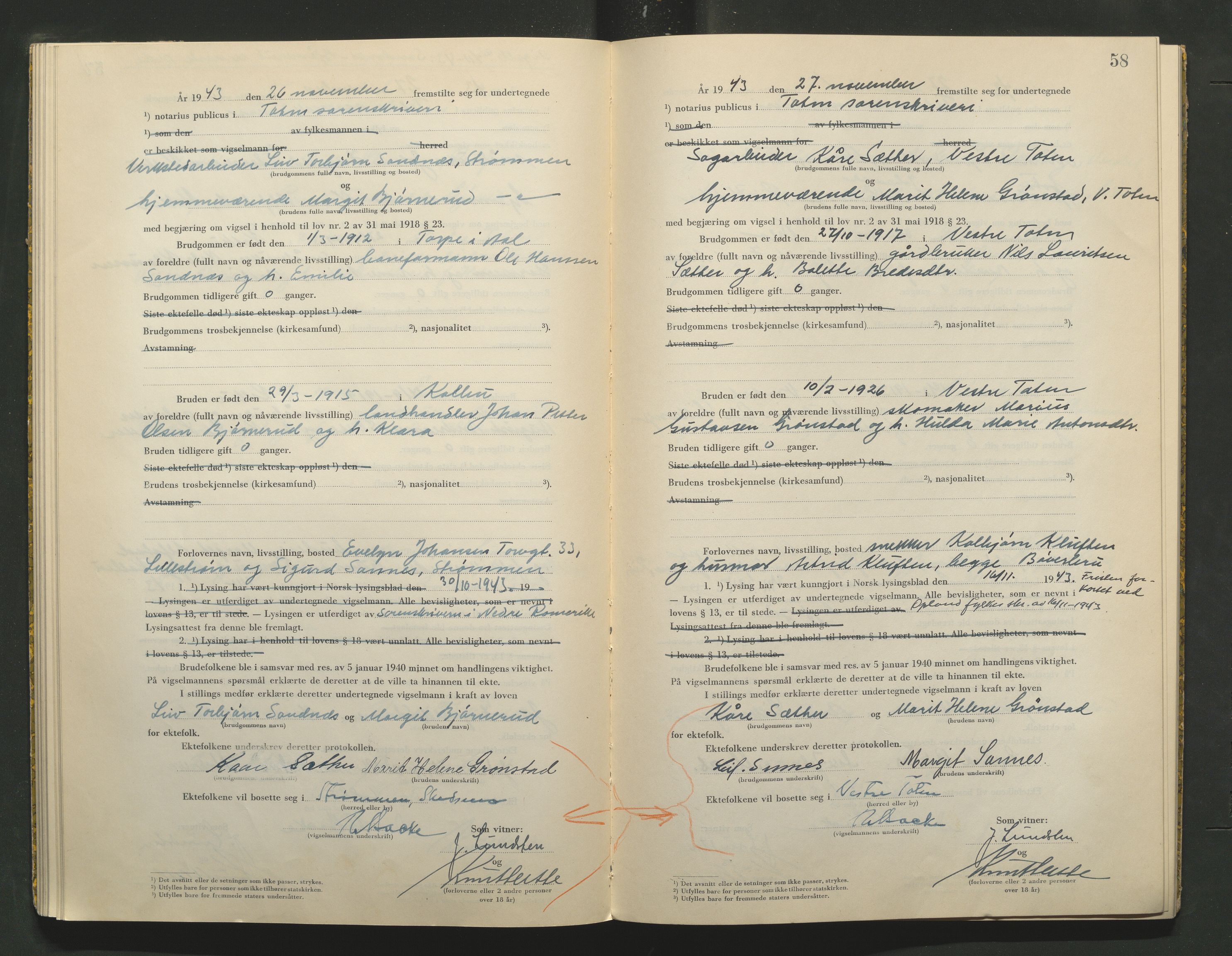 Toten tingrett, AV/SAH-TING-006/L/Lc/L0003: Vigselbok, 1943-1944, p. 58