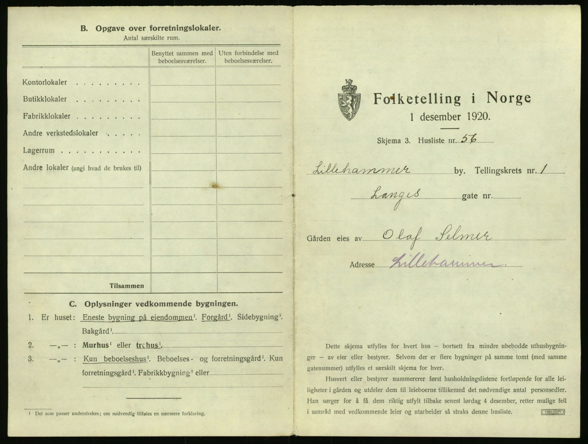 SAH, 1920 census for Lillehammer, 1920, p. 154