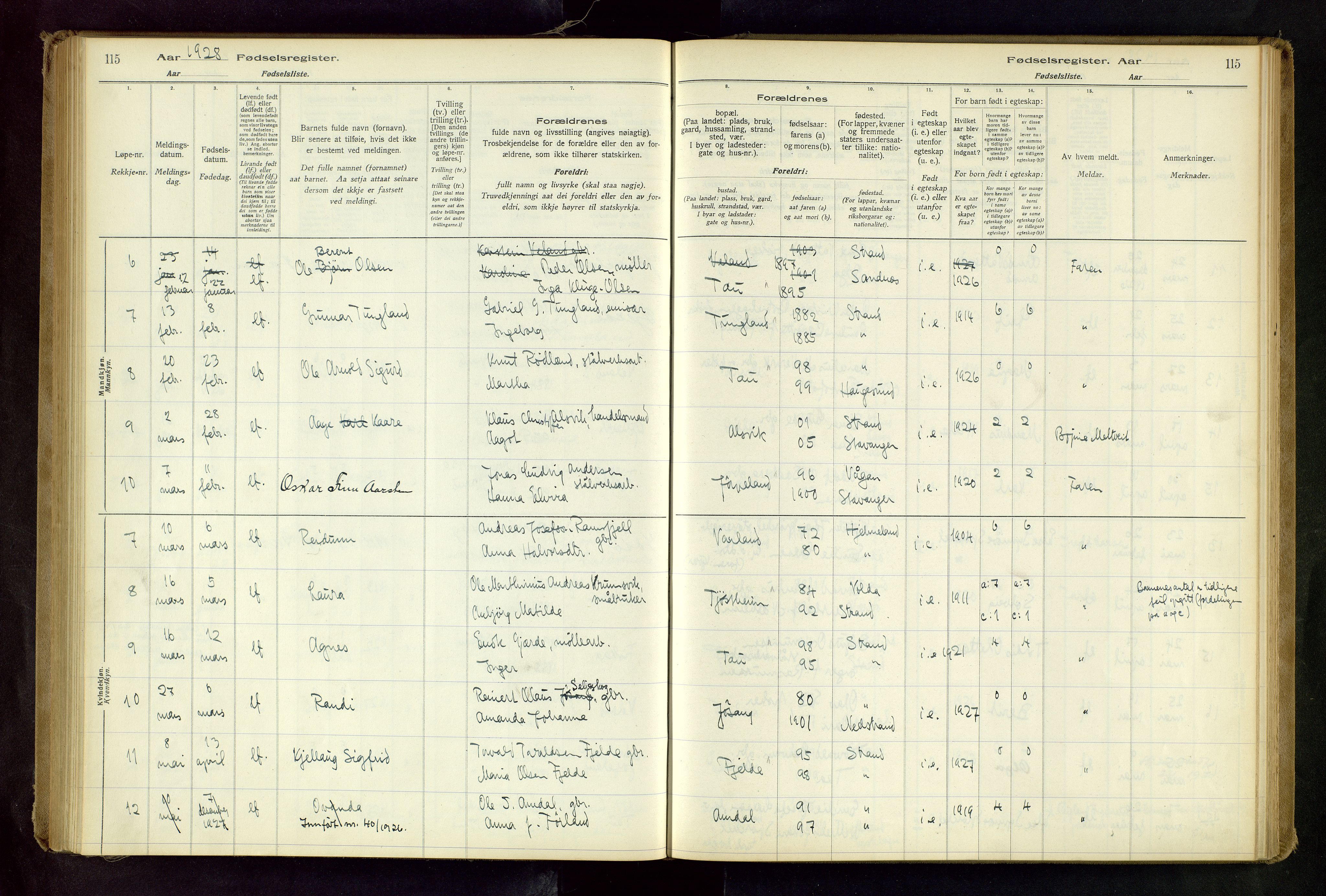 Strand sokneprestkontor, AV/SAST-A-101828/I/Id/L0001: Birth register no. 1, 1916-1938, p. 115