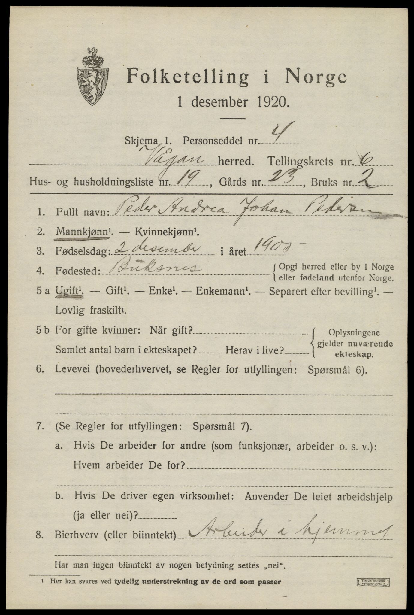 SAT, 1920 census for Vågan, 1920, p. 6389