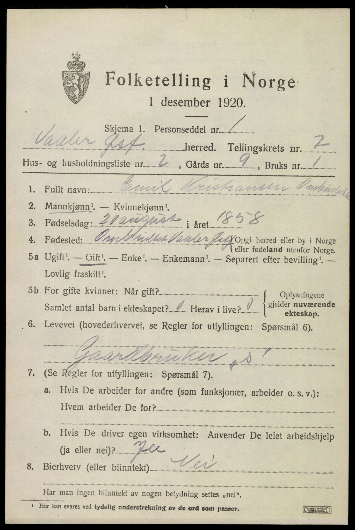 SAO, 1920 census for Våler, 1920, p. 3426