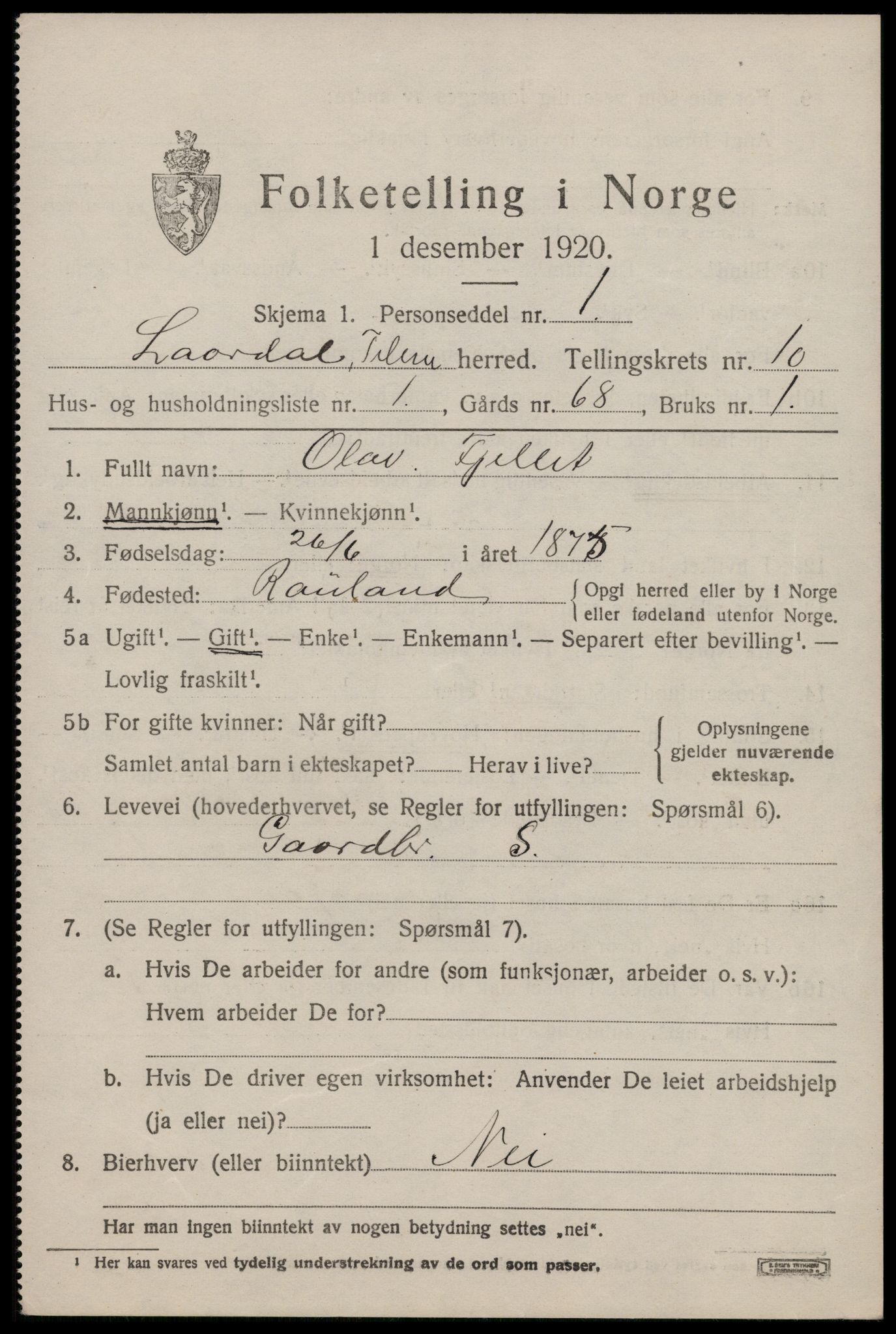 SAKO, 1920 census for Lårdal, 1920, p. 3315