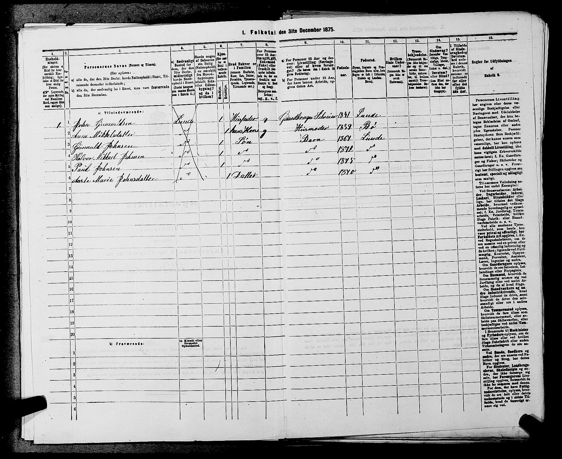 SAKO, 1875 census for 0820P Lunde, 1875, p. 664