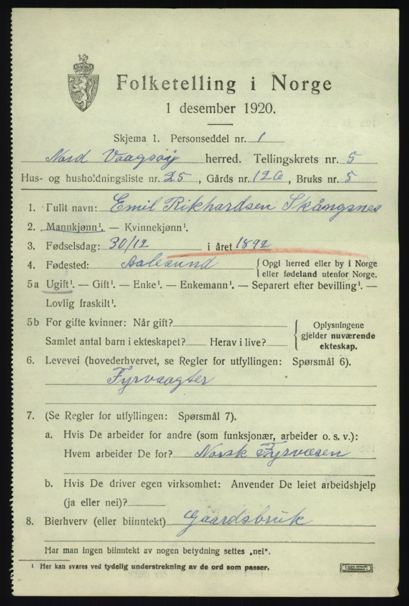 SAB, 1920 census for Nord-Vågsøy, 1920, p. 2244