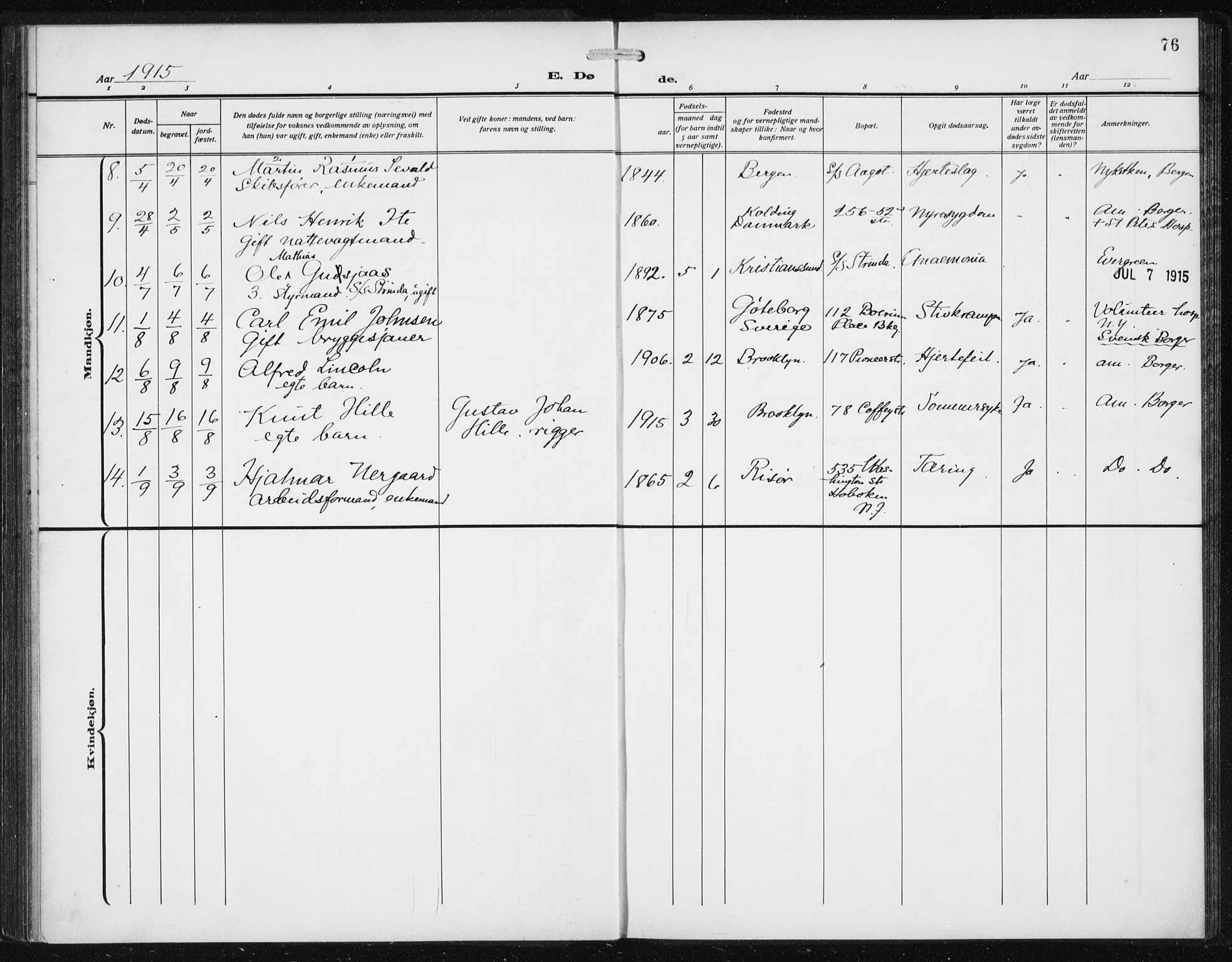 Den norske sjømannsmisjon i utlandet/New York, AV/SAB-SAB/PA-0110/H/Ha/L0007: Parish register (official) no. A 7, 1915-1923, p. 76