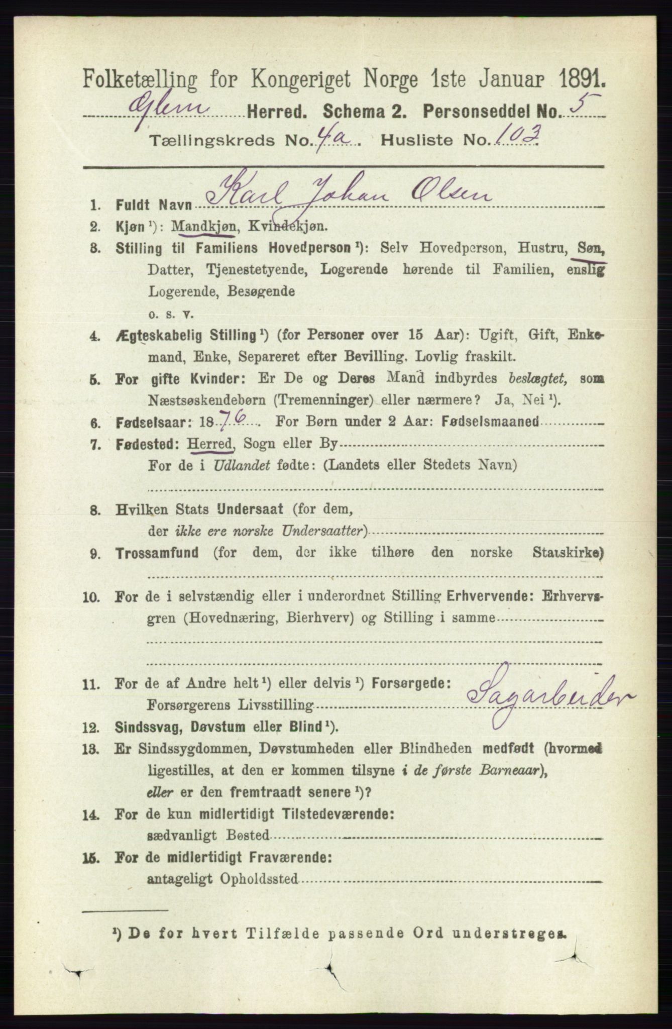 RA, 1891 census for 0132 Glemmen, 1891, p. 4536
