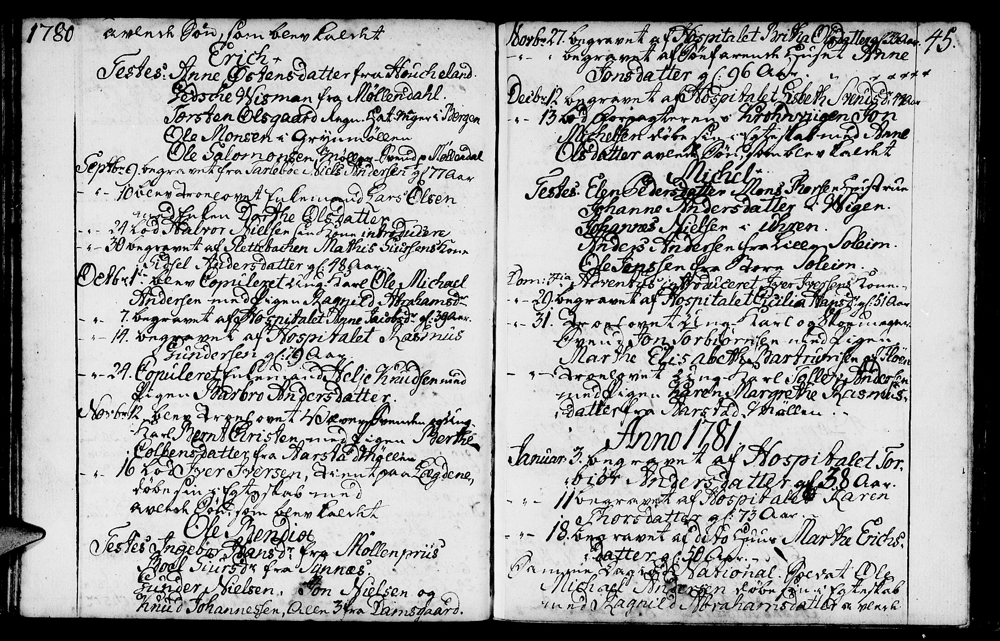 St. Jørgens hospital og Årstad sokneprestembete, AV/SAB-A-99934: Parish register (official) no. A 2, 1766-1814, p. 45