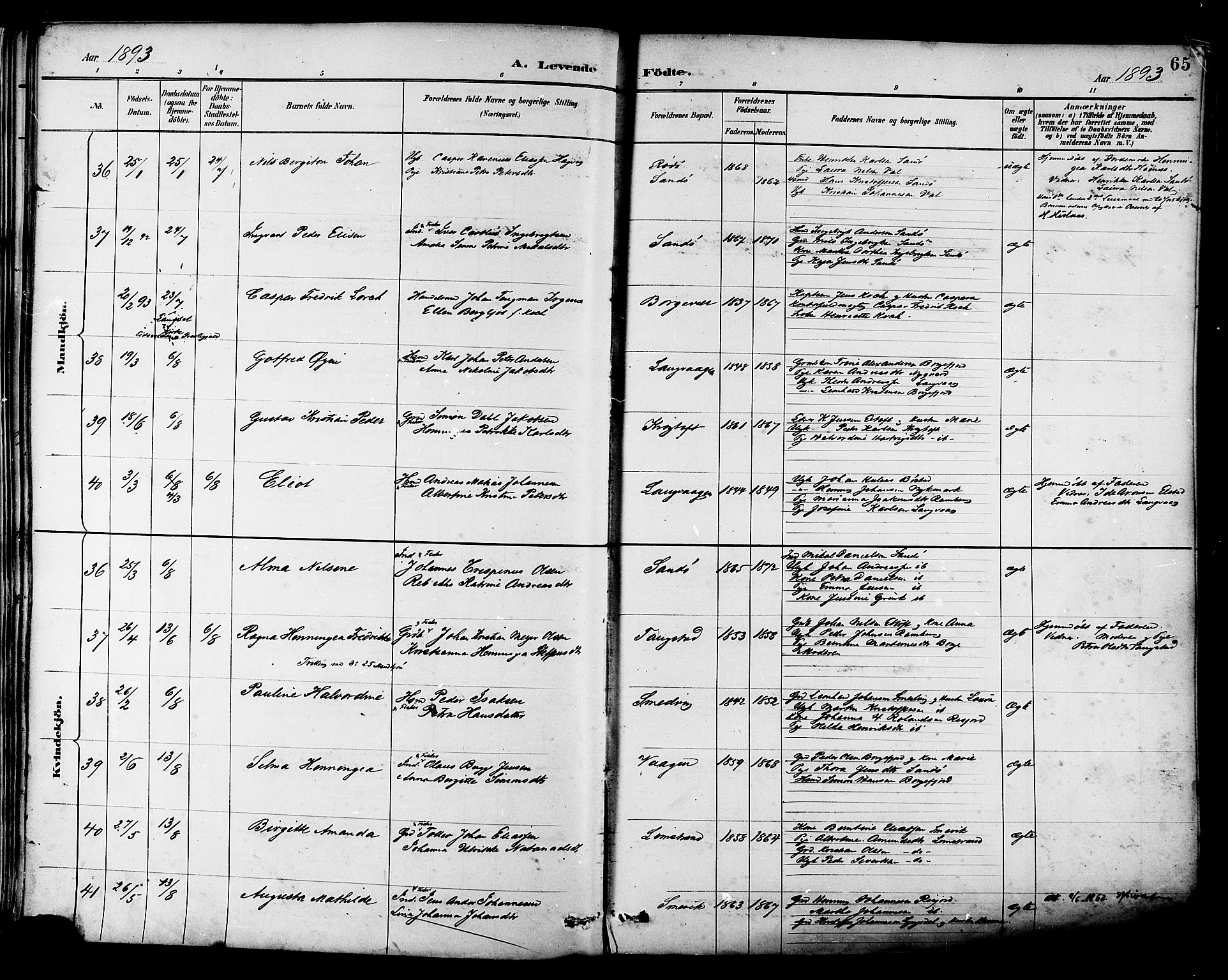 Ministerialprotokoller, klokkerbøker og fødselsregistre - Nordland, SAT/A-1459/880/L1133: Parish register (official) no. 880A07, 1888-1898, p. 65