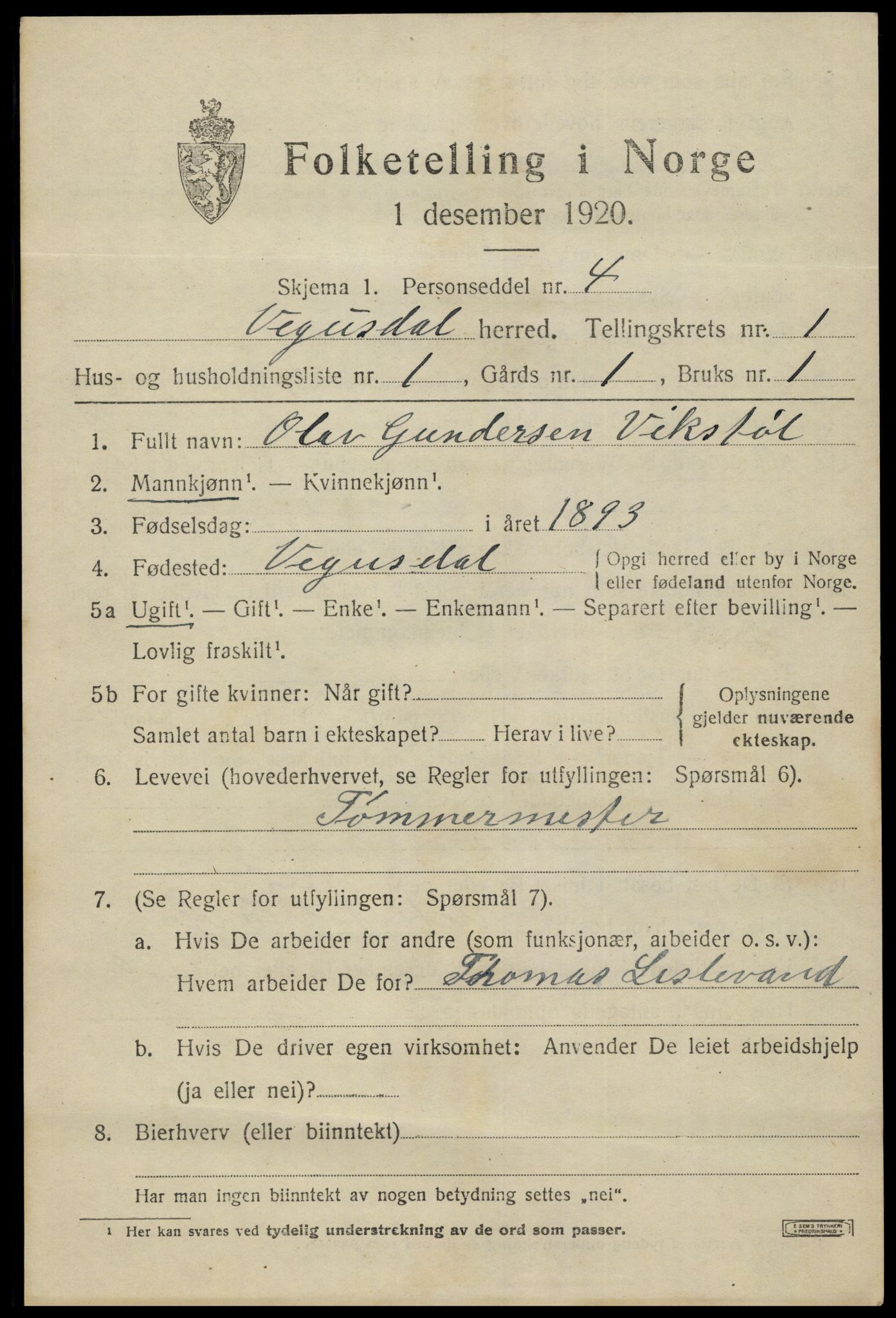 SAK, 1920 census for Vegusdal, 1920, p. 373