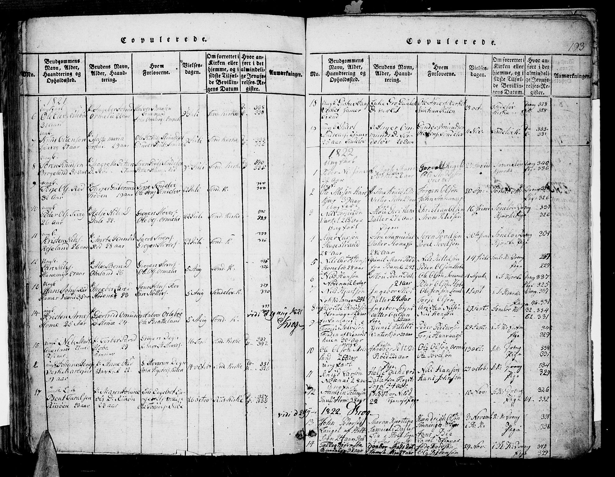 Søndeled sokneprestkontor, SAK/1111-0038/F/Fb/L0002: Parish register (copy) no. B 2, 1816-1839, p. 193