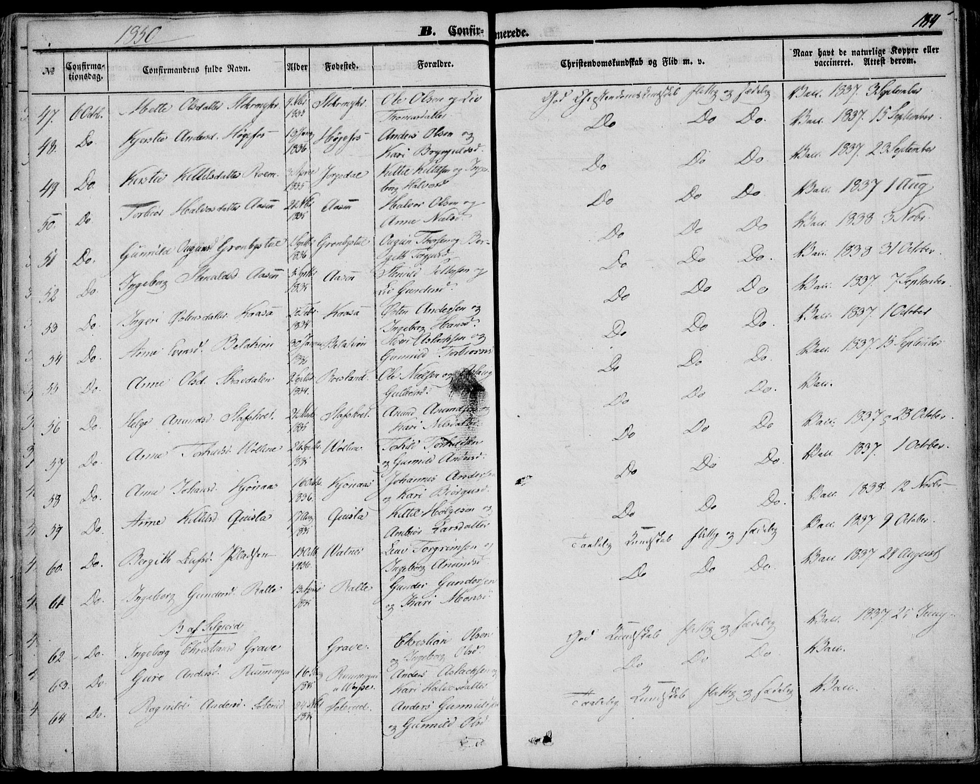 Bø kirkebøker, SAKO/A-257/F/Fa/L0008: Parish register (official) no. 8, 1849-1861, p. 184