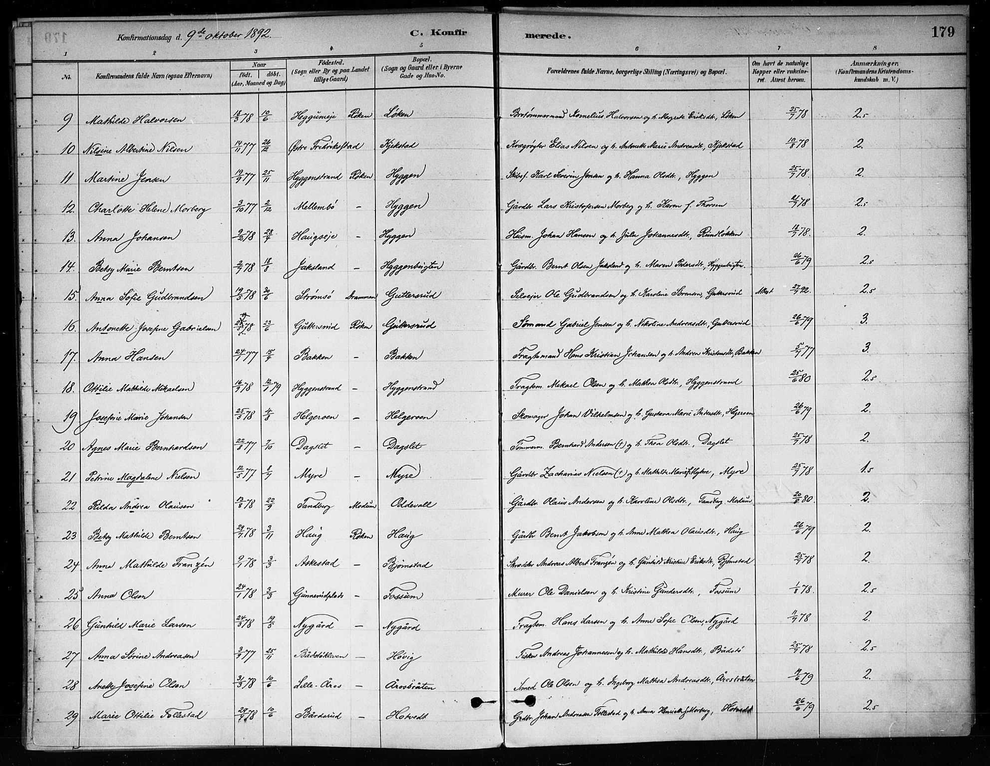 Røyken kirkebøker, SAKO/A-241/F/Fa/L0008: Parish register (official) no. 8, 1880-1897, p. 179