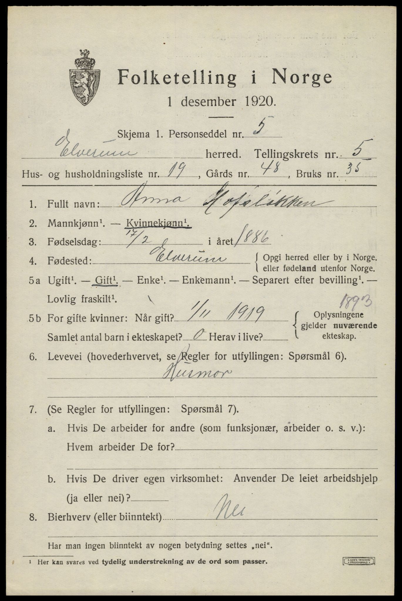 SAH, 1920 census for Elverum, 1920, p. 7718