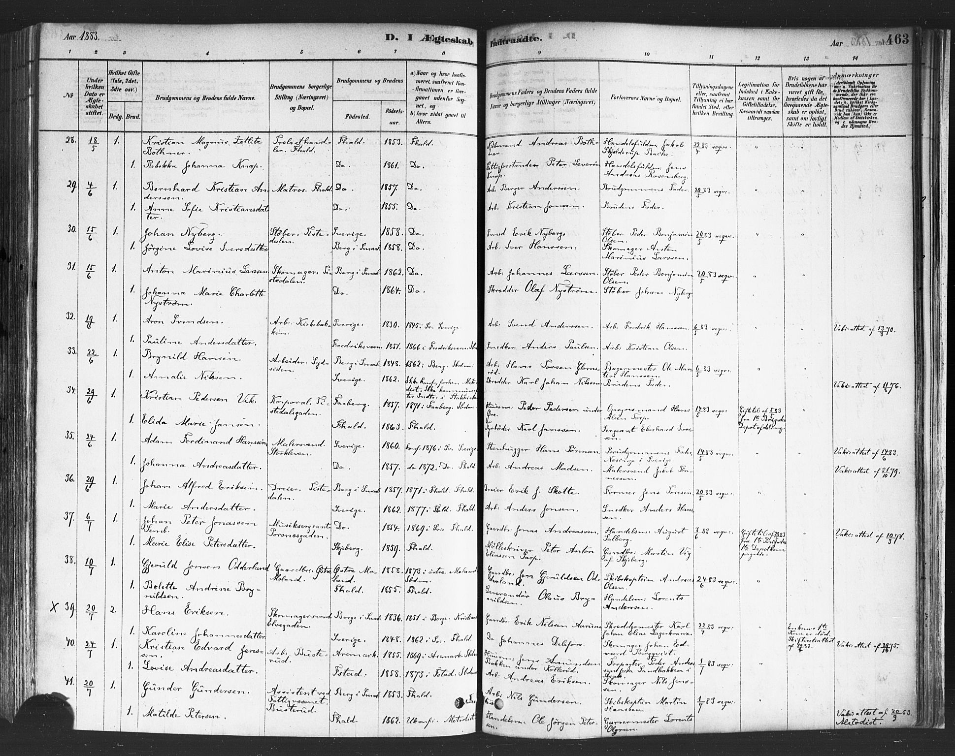 Halden prestekontor Kirkebøker, AV/SAO-A-10909/F/Fa/L0011: Parish register (official) no. I 11, 1878-1889, p. 463