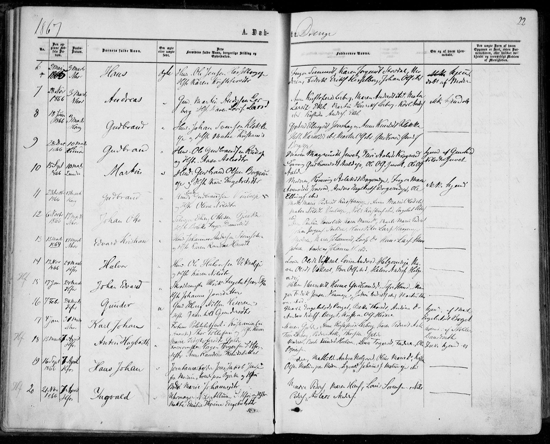 Norderhov kirkebøker, AV/SAKO-A-237/F/Fa/L0013: Parish register (official) no. 13, 1866-1874, p. 22