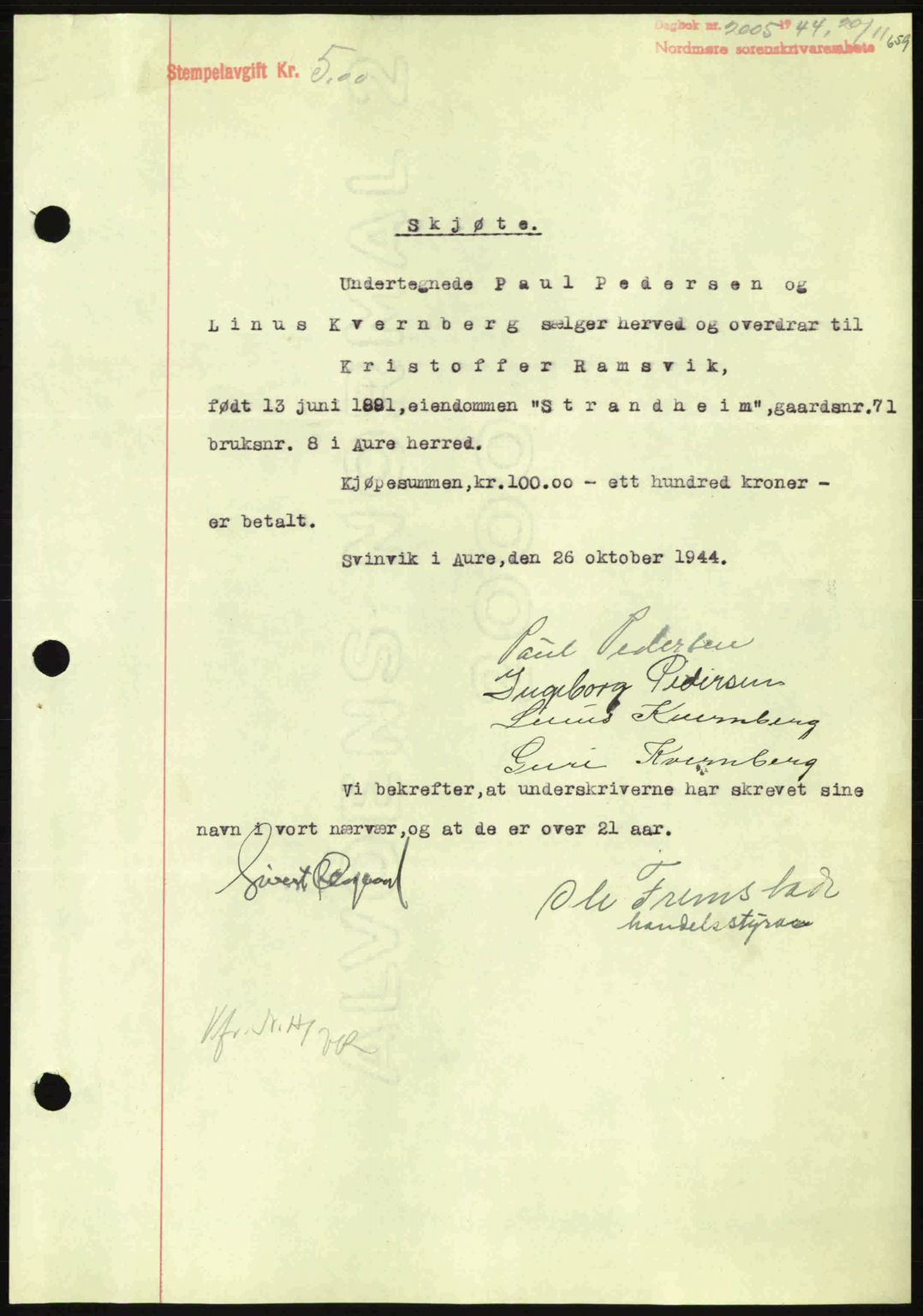 Nordmøre sorenskriveri, AV/SAT-A-4132/1/2/2Ca: Mortgage book no. A98, 1944-1944, Diary no: : 2005/1944