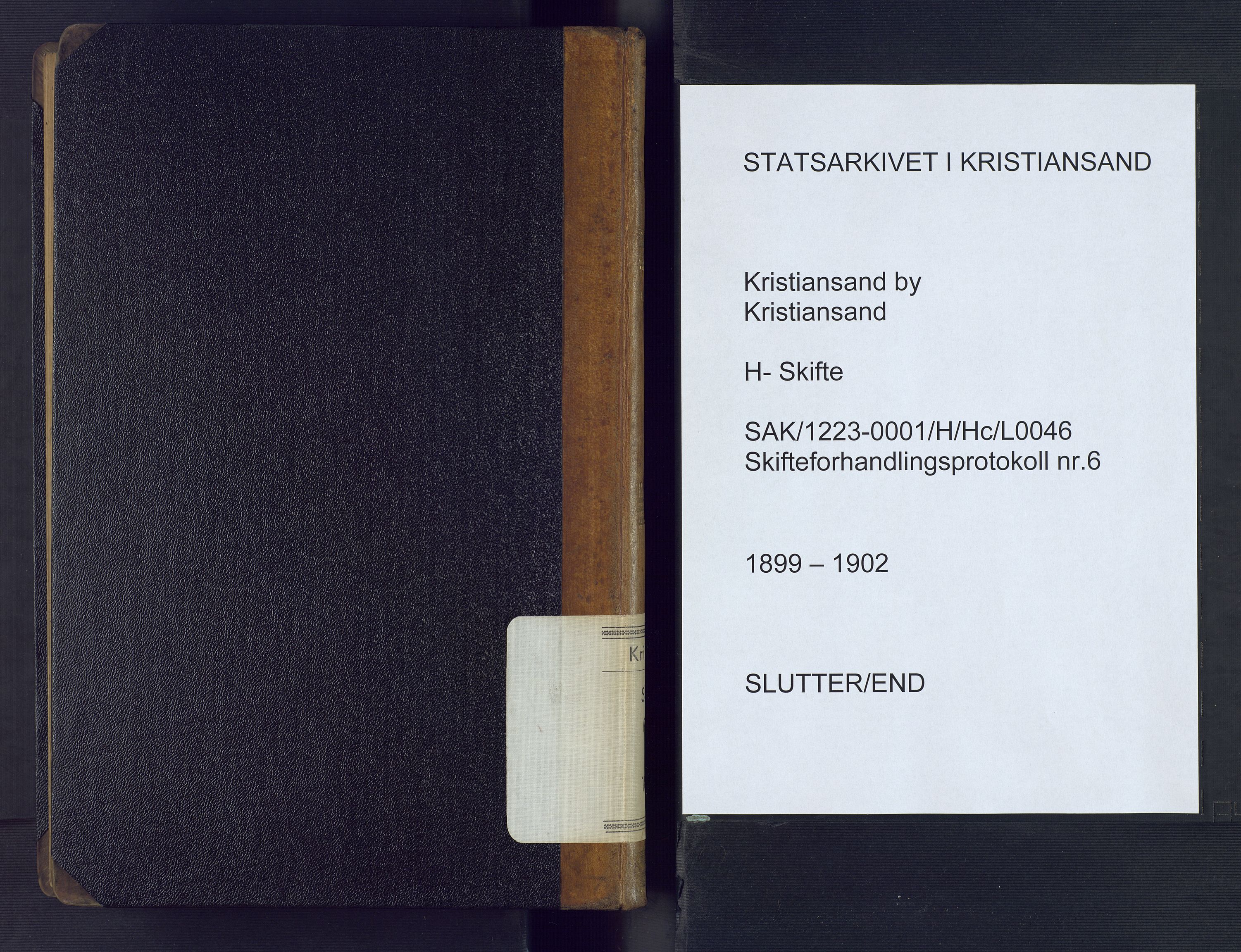 Kristiansand byrett, AV/SAK-1223-0001/H/Hc/L0046: Skifteforhandlingsprotokoll nr. 6, med register, 1899-1902