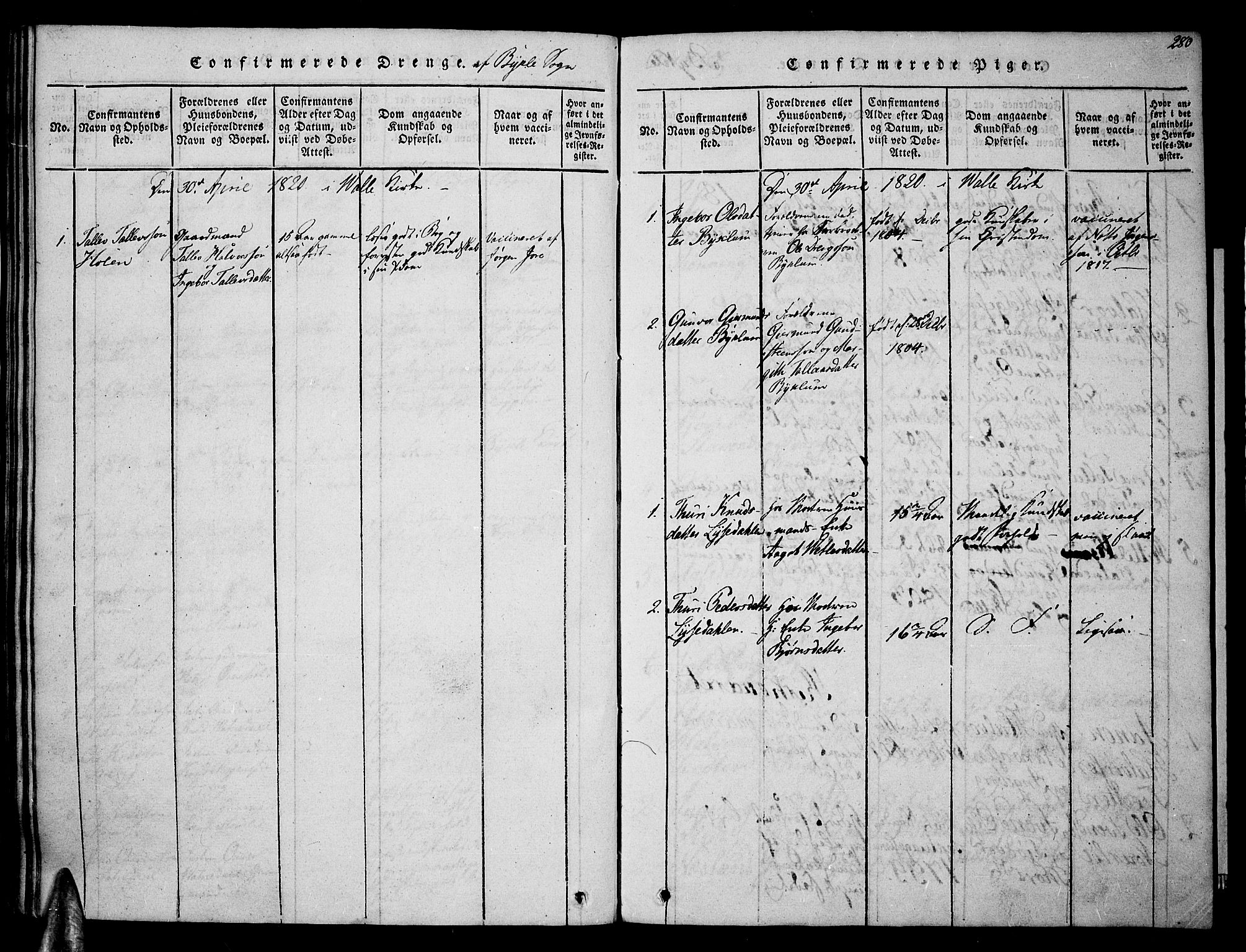 Valle sokneprestkontor, AV/SAK-1111-0044/F/Fa/Fac/L0005: Parish register (official) no. A 5 /3, 1817-1830, p. 280