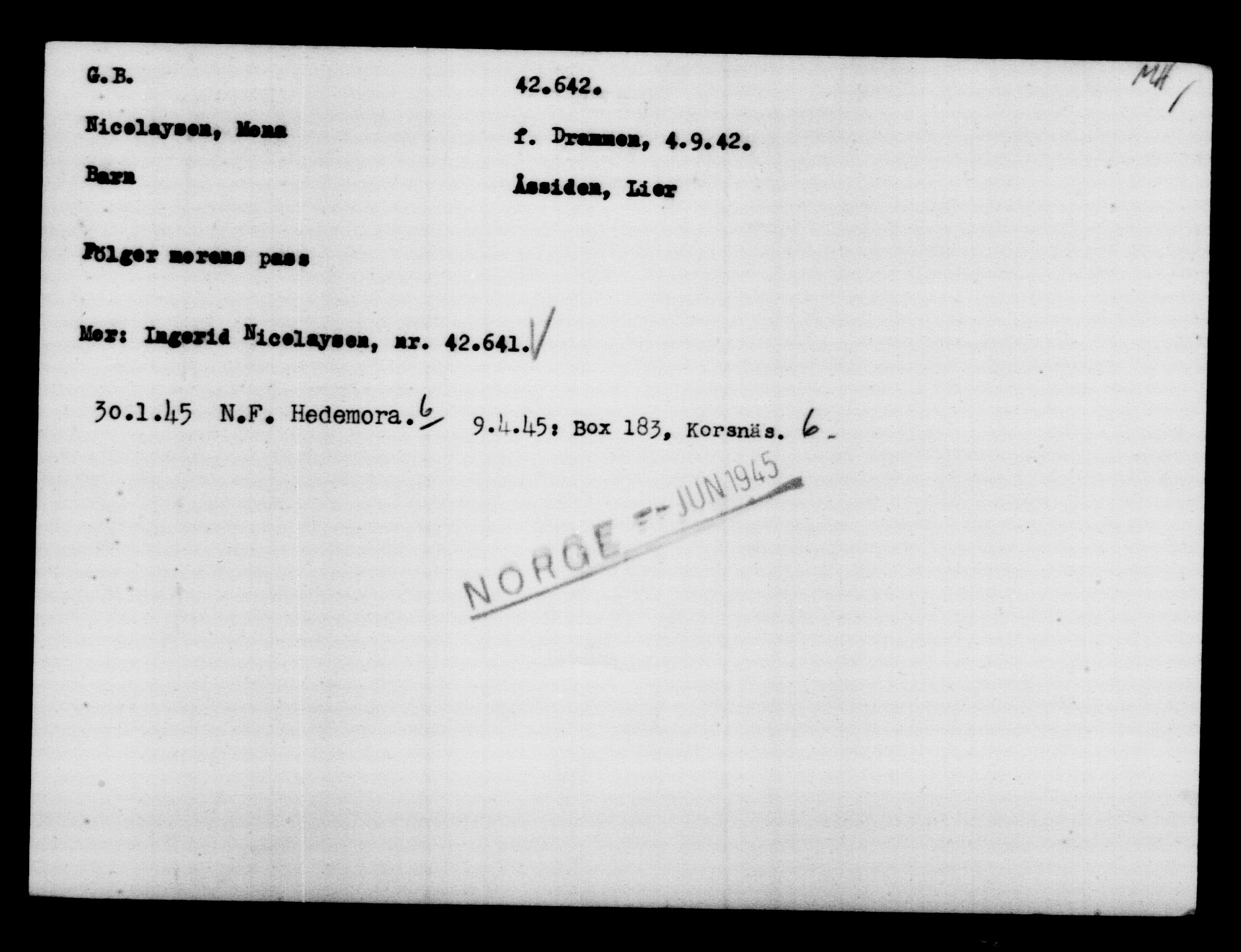 Utenriksstasjonene, Legasjonen i Stockholm, Flyktningkontoret, AV/RA-S-6753/V/Va/L0016: Kjesäterkartoteket, flyktninger med registreringsnr. 40700-43479, 1940-1945, p. 2016