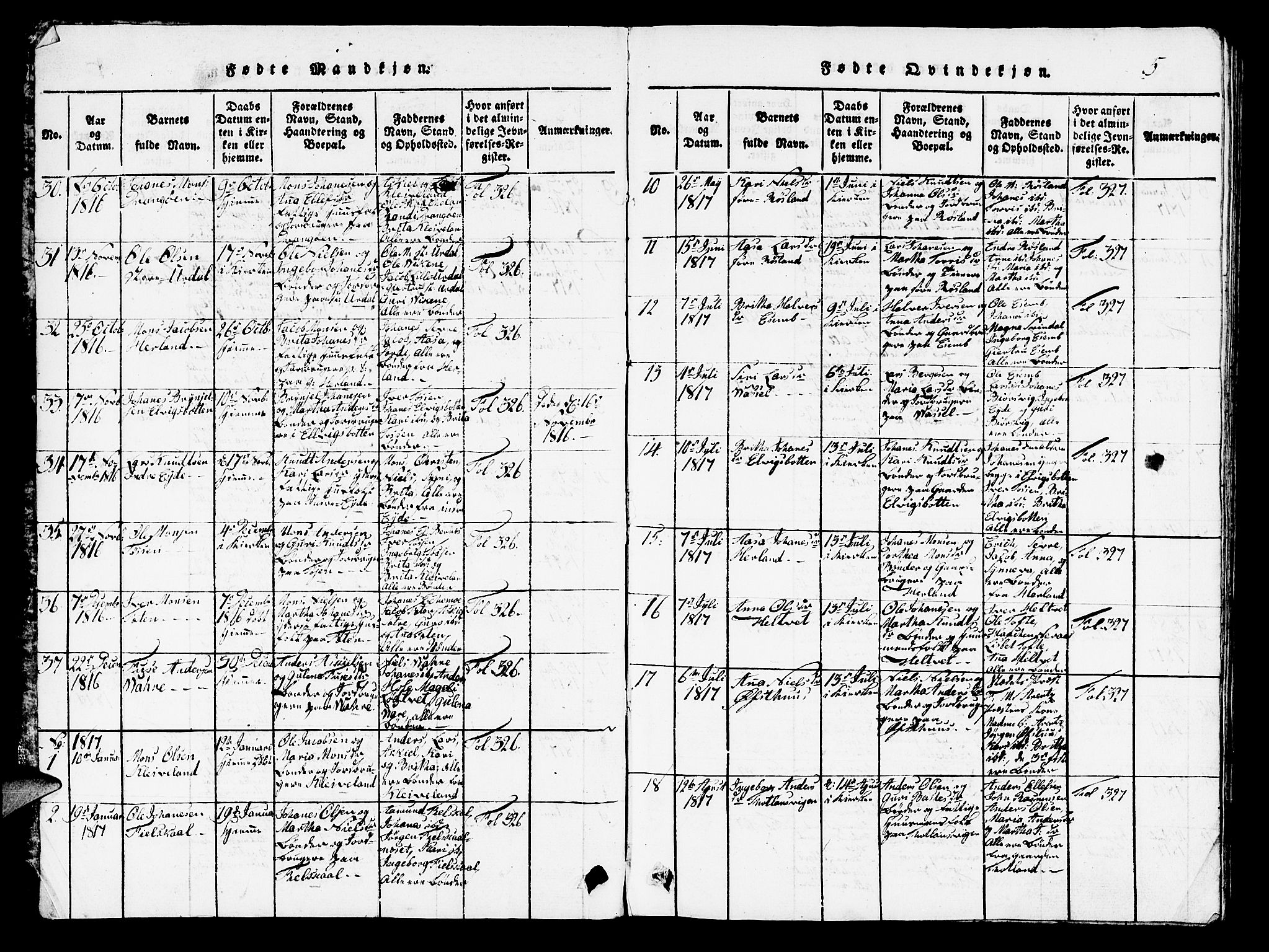 Hosanger sokneprestembete, AV/SAB-A-75801/H/Hab: Parish register (copy) no. A 1 /1, 1816-1856, p. 5