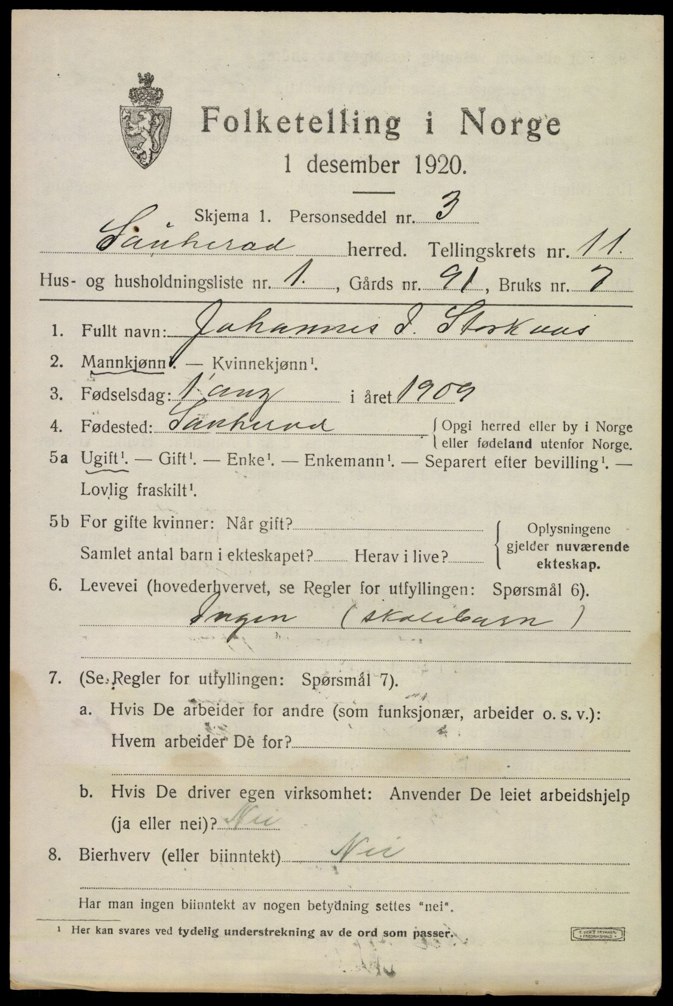 SAKO, 1920 census for Sauherad, 1920, p. 8037