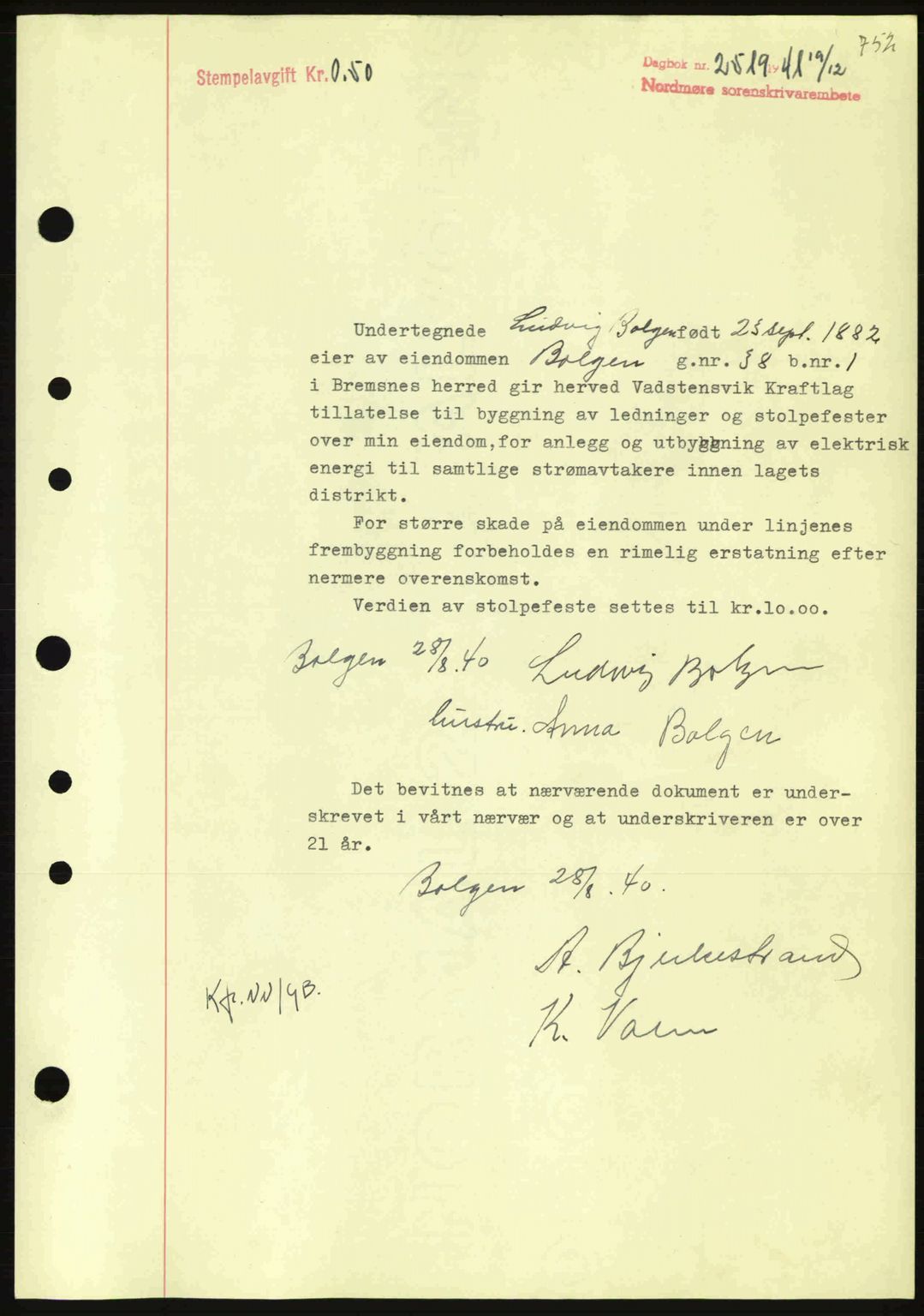 Nordmøre sorenskriveri, AV/SAT-A-4132/1/2/2Ca: Mortgage book no. B88, 1941-1942, Diary no: : 2519/1941