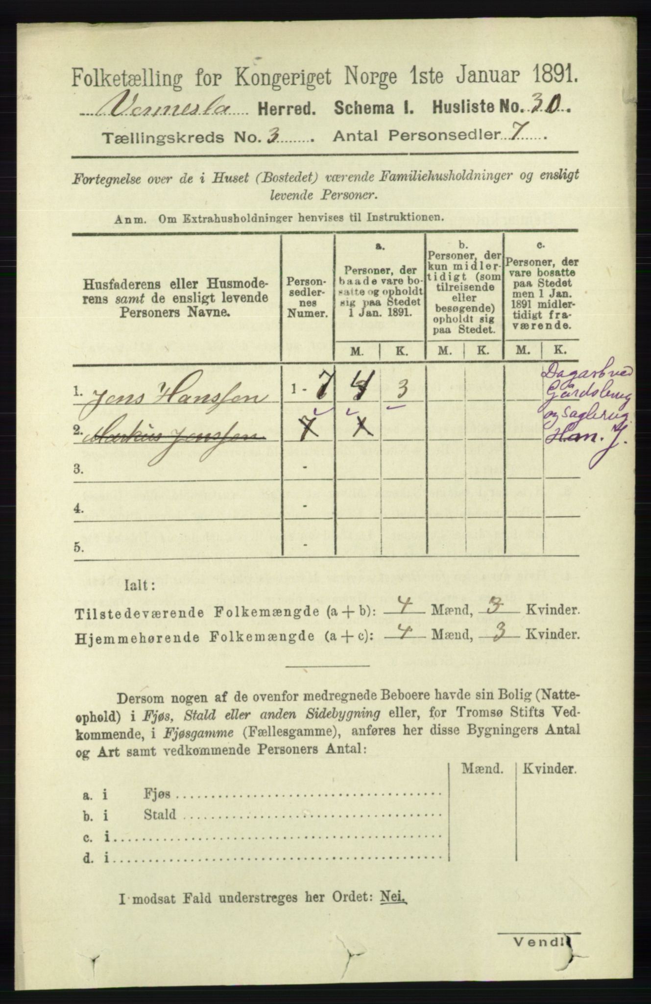 RA, 1891 census for 1014 Vennesla, 1891, p. 638