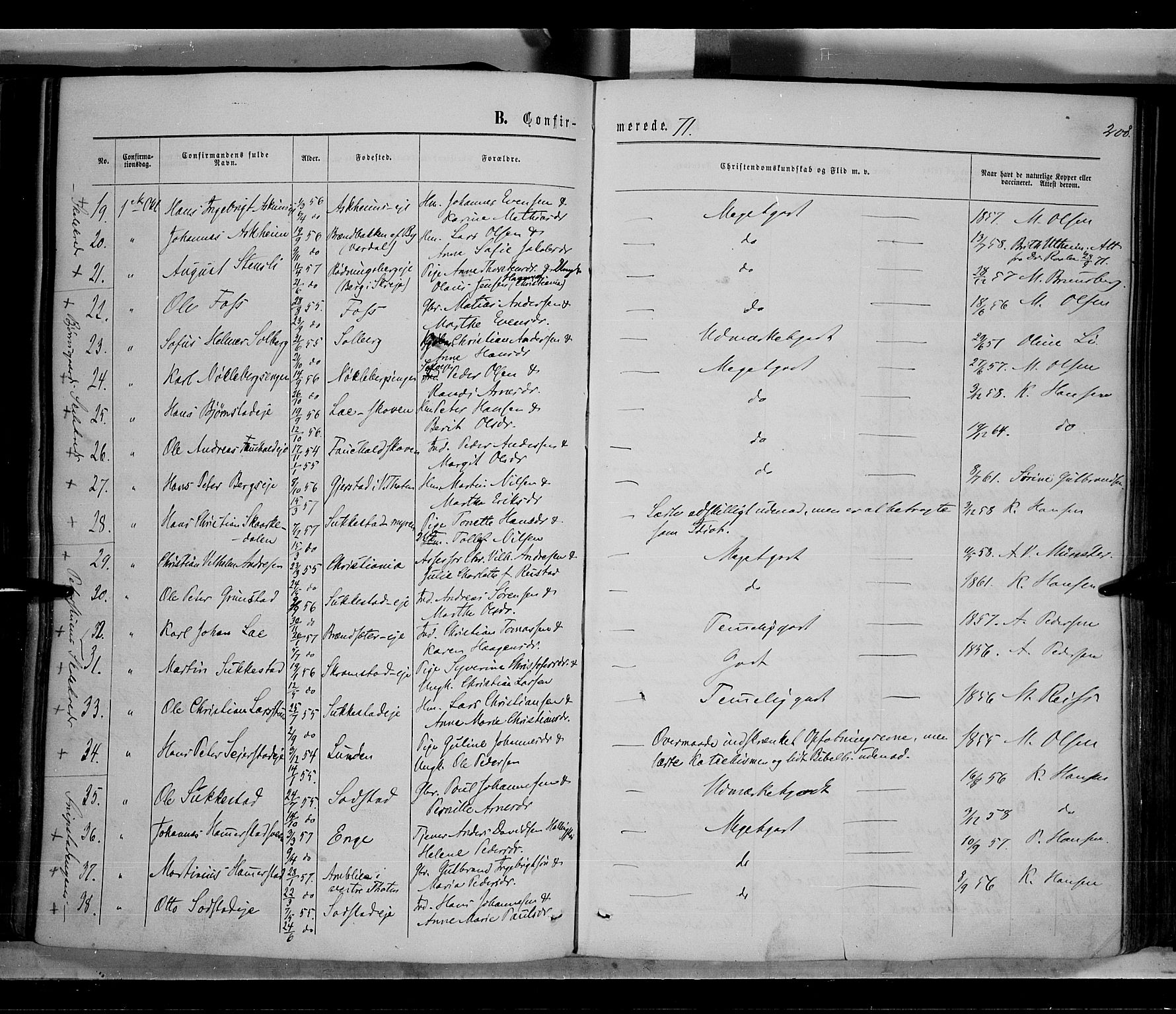 Østre Toten prestekontor, AV/SAH-PREST-104/H/Ha/Haa/L0005: Parish register (official) no. 5, 1866-1877, p. 208